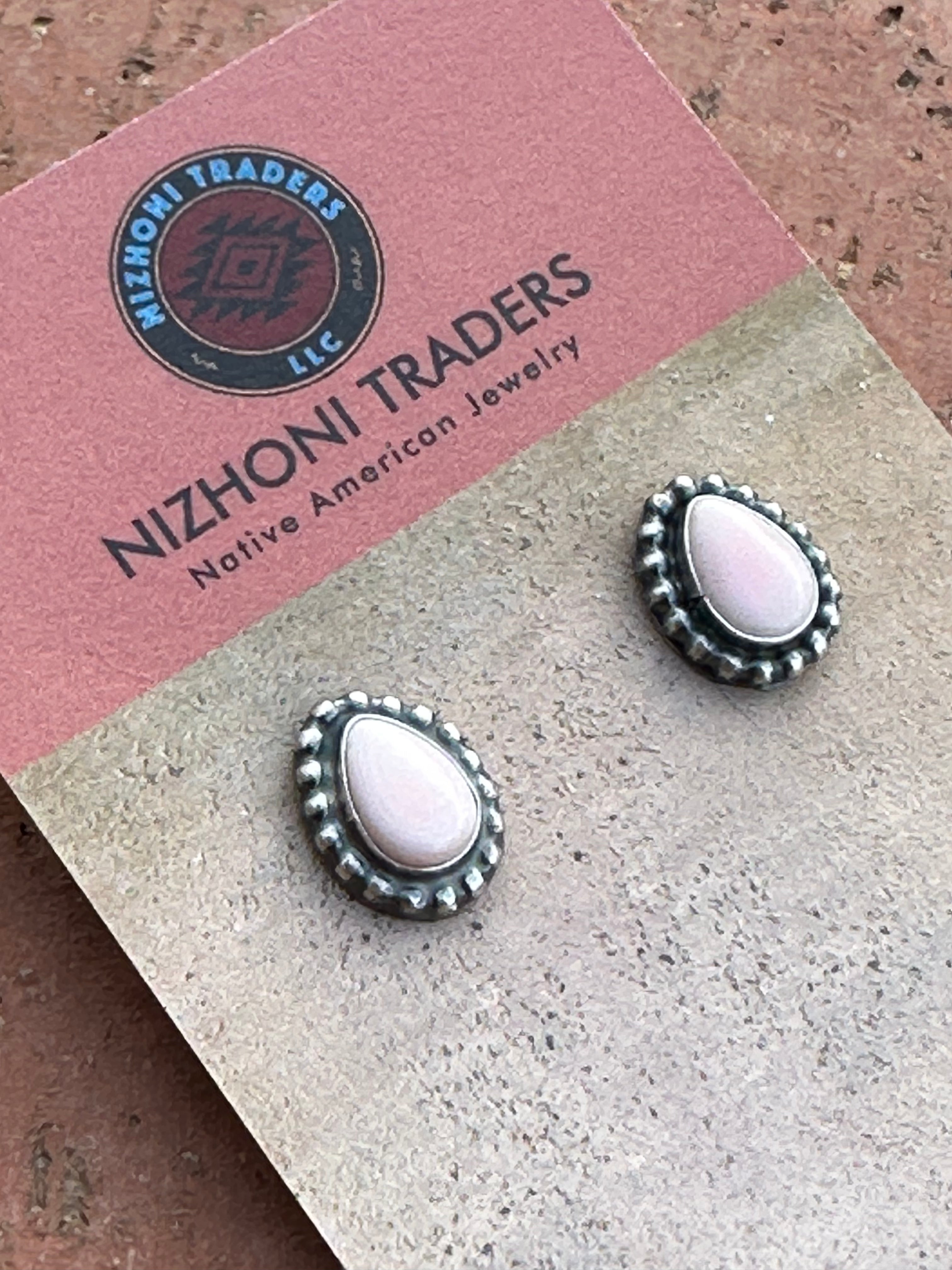 Navajo Sterling Silver and Pink Conch Tear Drop Post Earrings