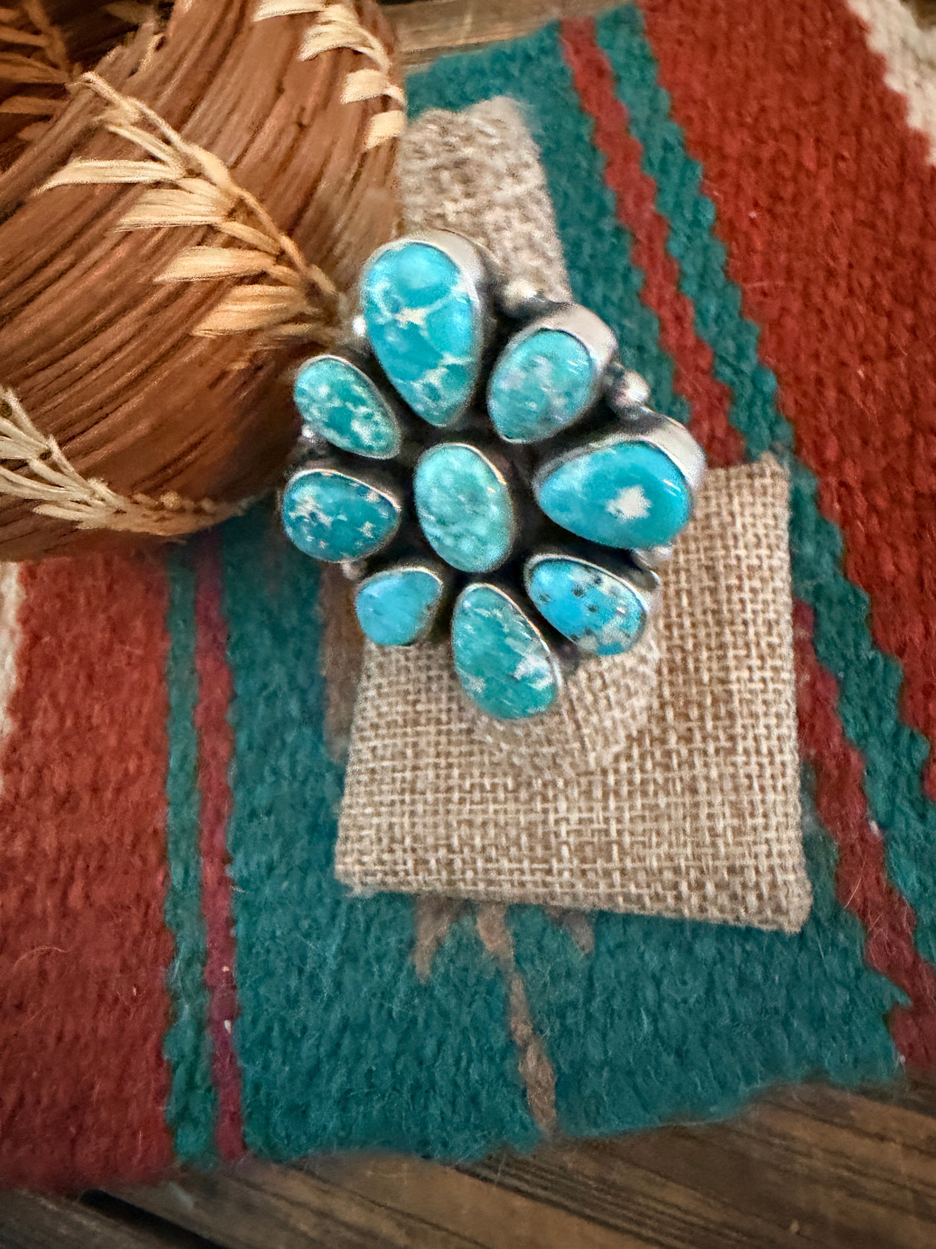Handcrafted Turquoise & Sterling Silver Cluster Ring by Ella Peters Size 7