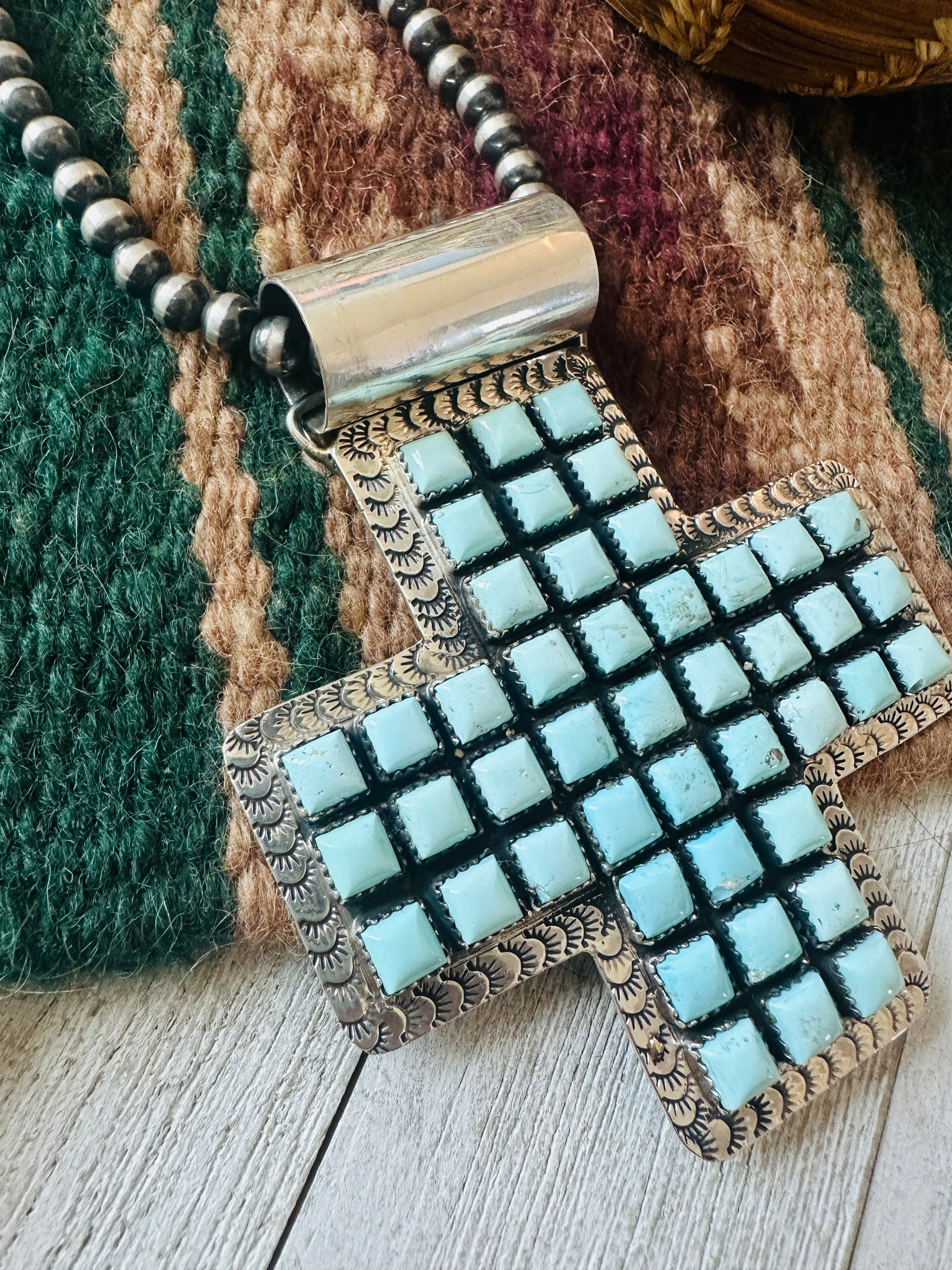 Navajo Sterling Silver & Dry Creek Turquoise Cross Pendant by Marcella James