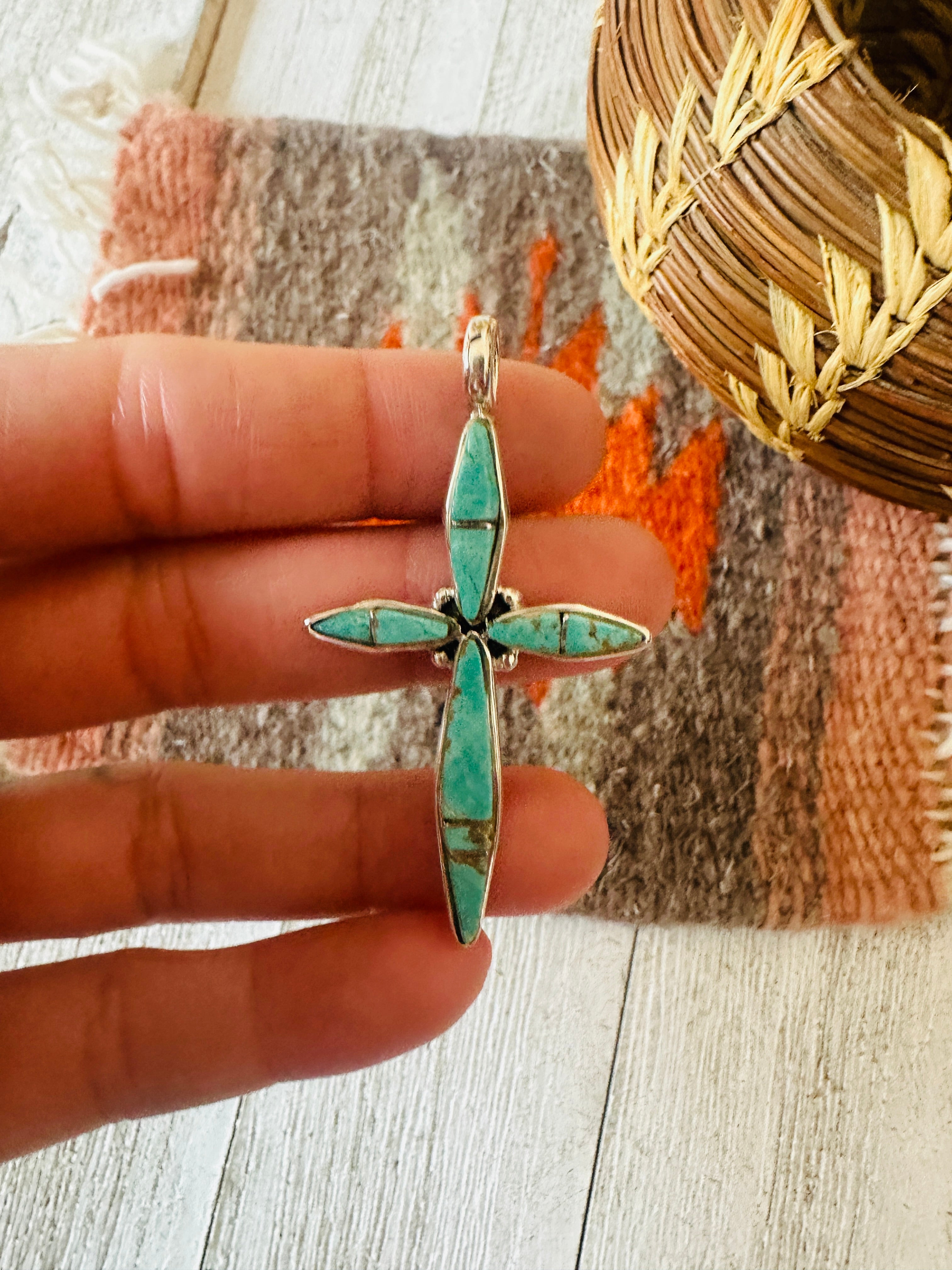 Navajo Turquoise & Sterling Silver Inlay Cross Pendant