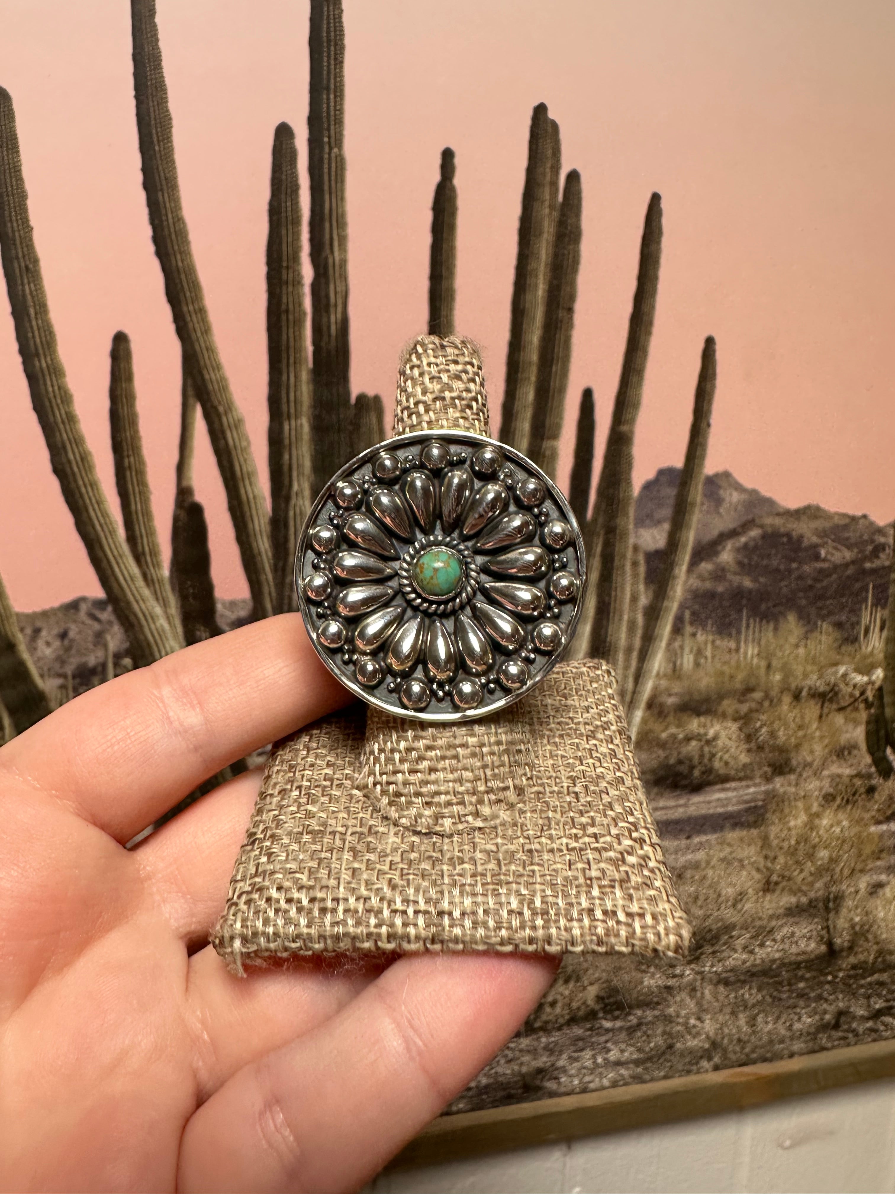 Beautiful Concho Handmade Turquoise And Sterling Silver Adjustable Ring