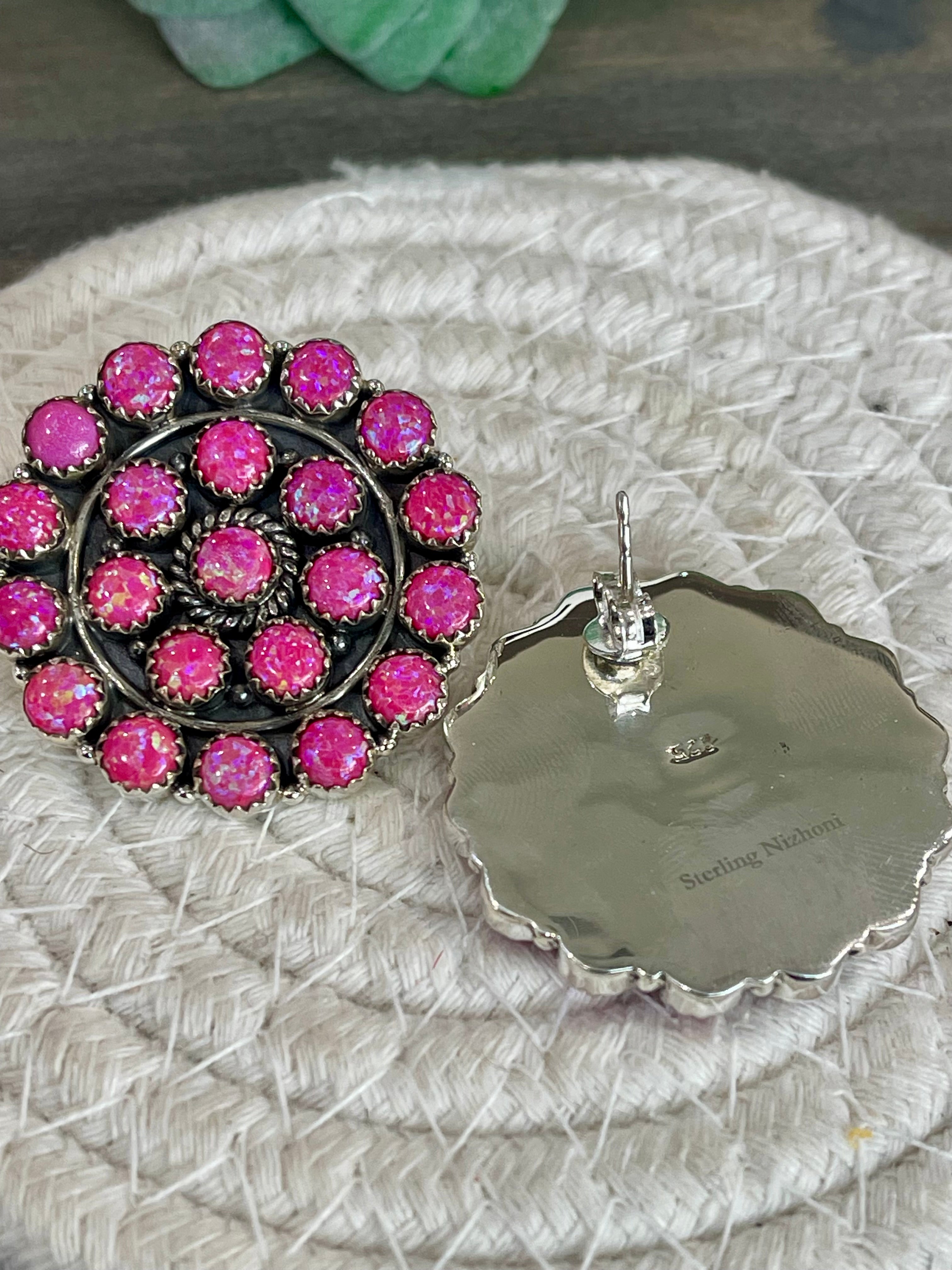 Handmade Sterling Silver & Hot Pink Fire Opal Post Earrings Signed Nizhoni