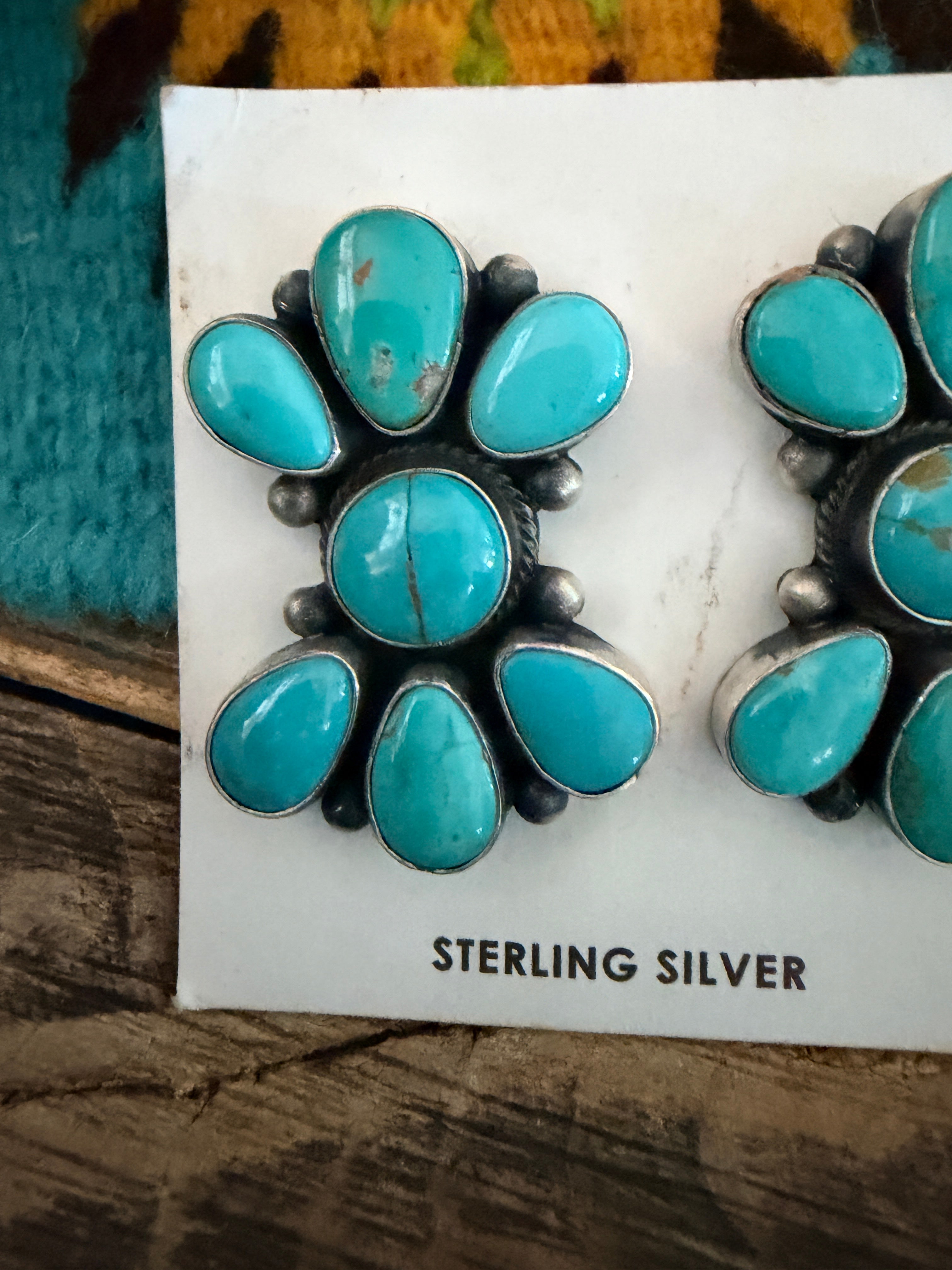 Handcrafted Turquoise & Sterling Silver Cluster Post Earrings