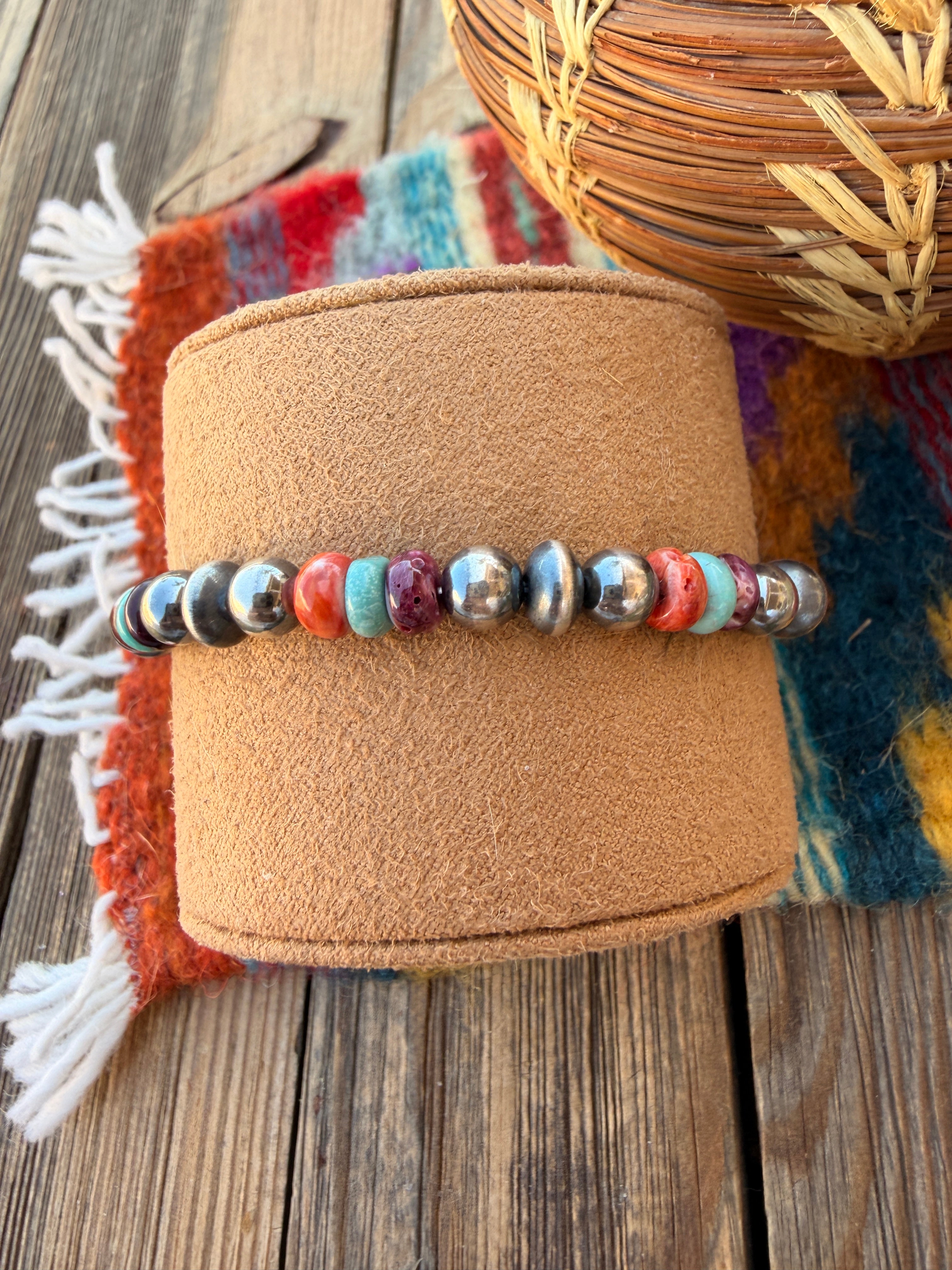 Handcrafted Spiny Oyster, Turquoise & Sterling Silver Beaded Stretch Bracelet
