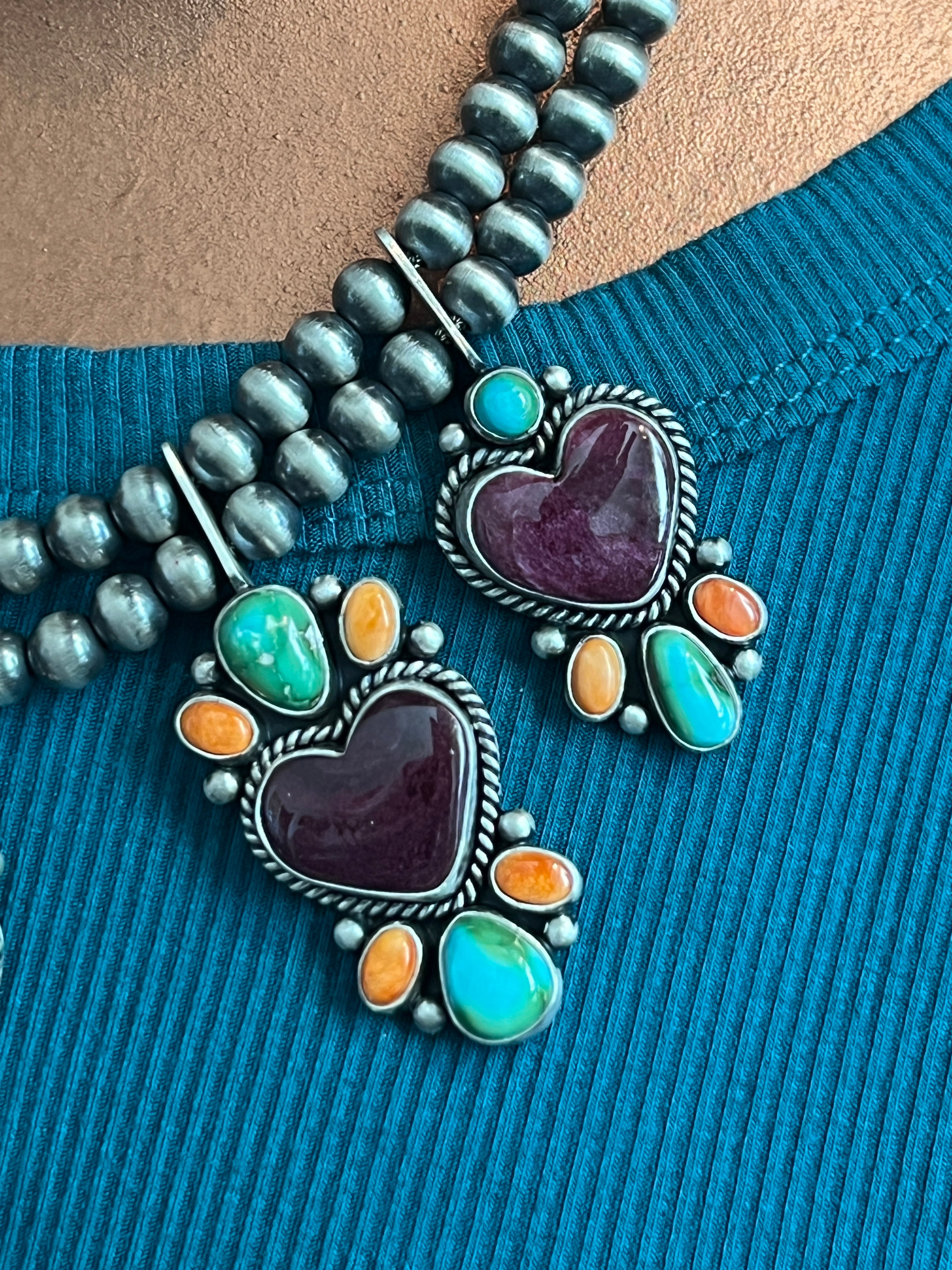 Handcrafted Sterling Silver Electric Rainbow Beaded Heart Cluster Necklace & Earrings Set by Angela Martin