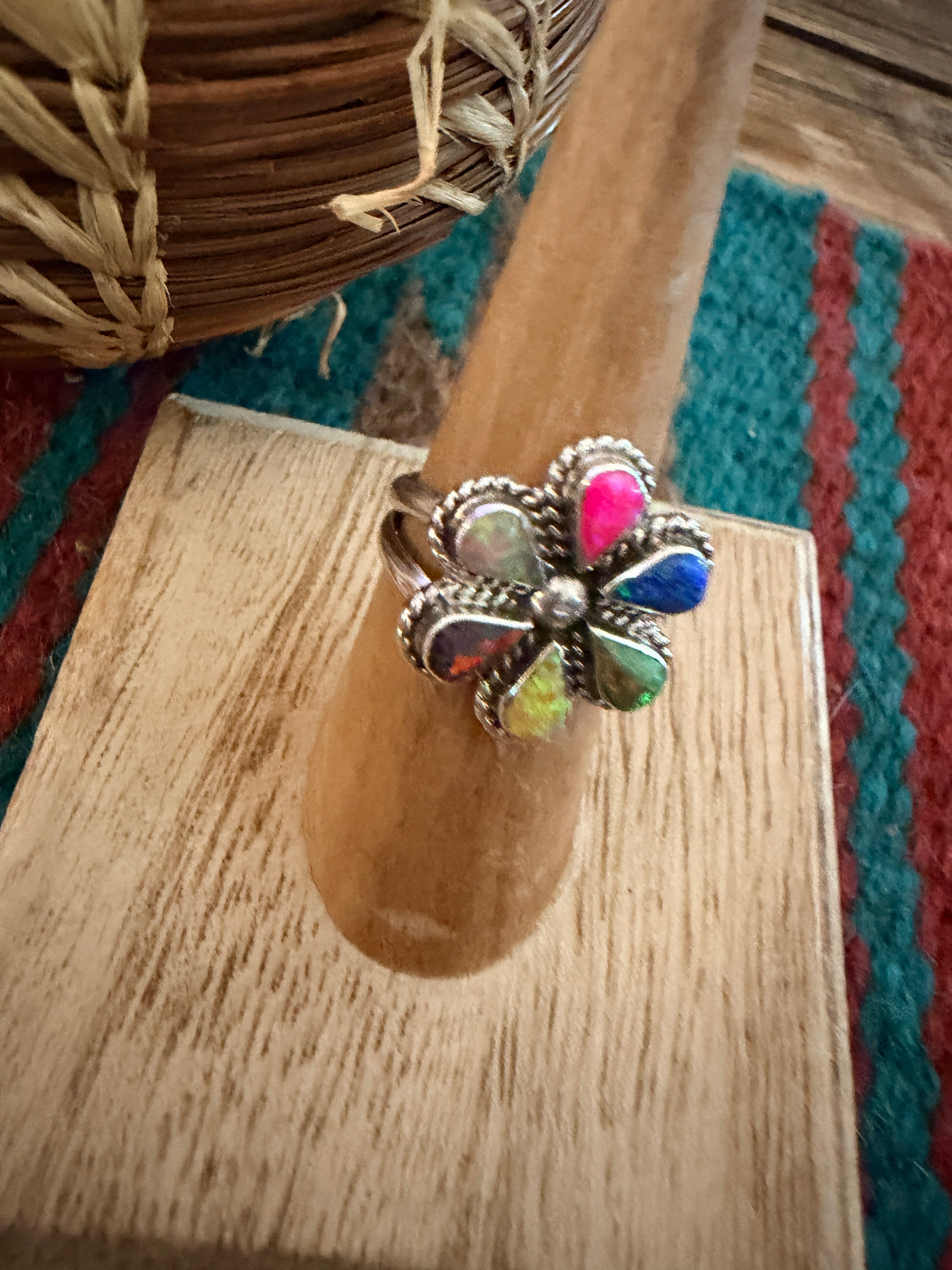 Handcrafted Multicolor Opal & Sterling Silver Ring Size 7.25