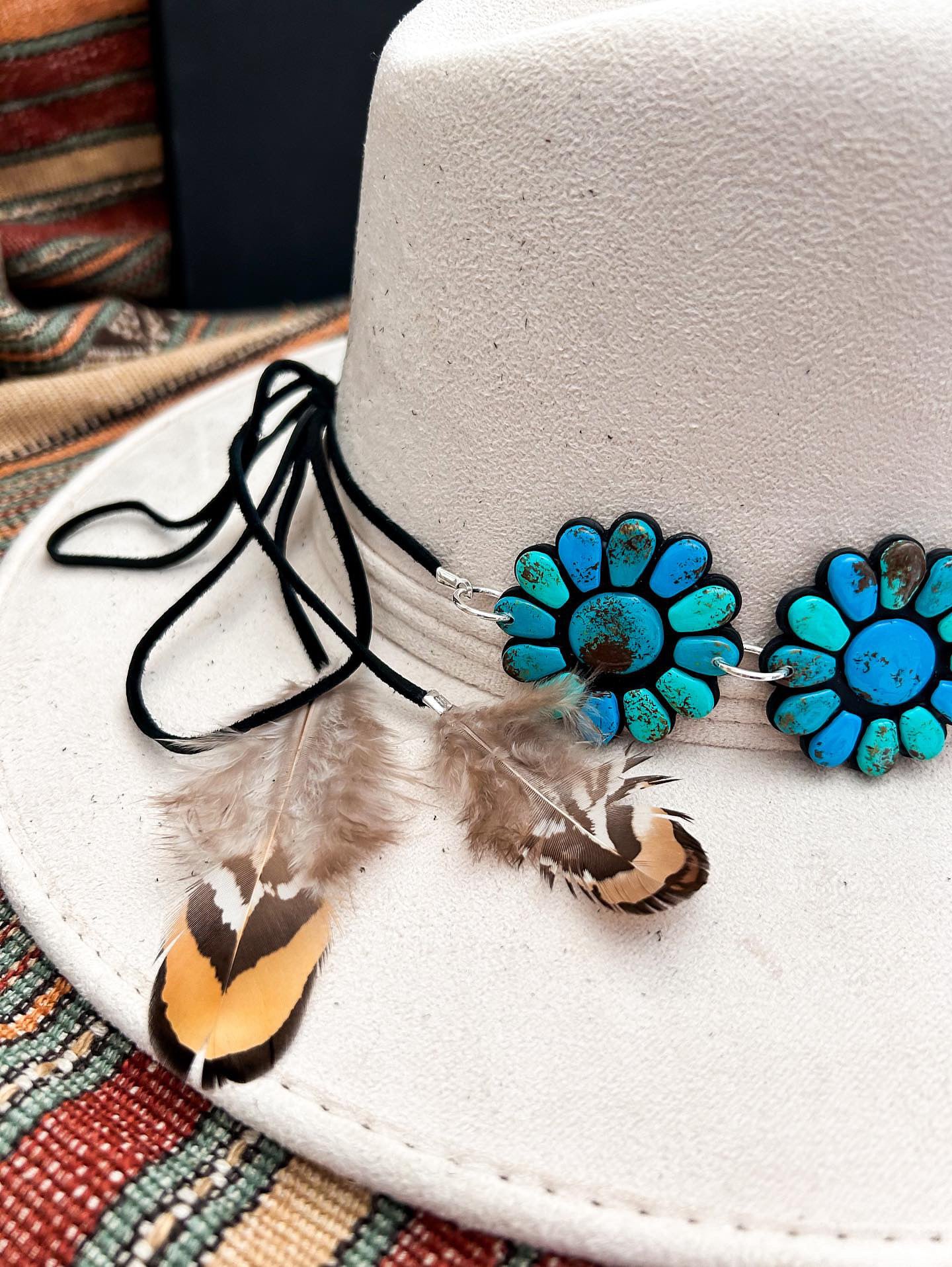 Handmade Clay Turquoise Hat Band With Feathers By Artist Kaylyn