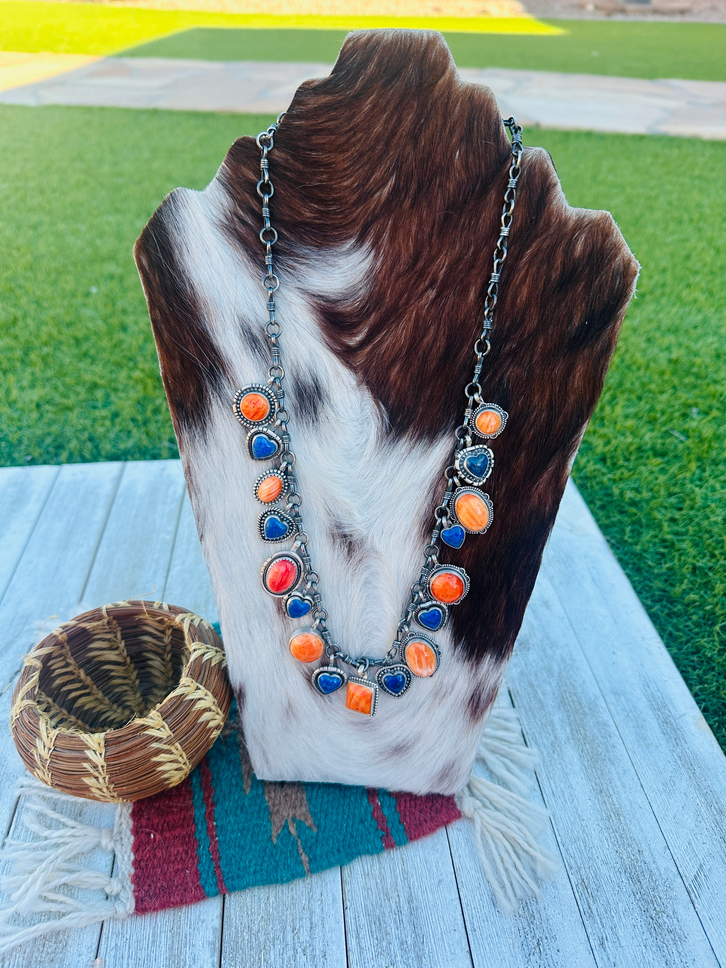 Handcrafted Orange Spiny, Lapis & Sterling Silver Heart Necklace