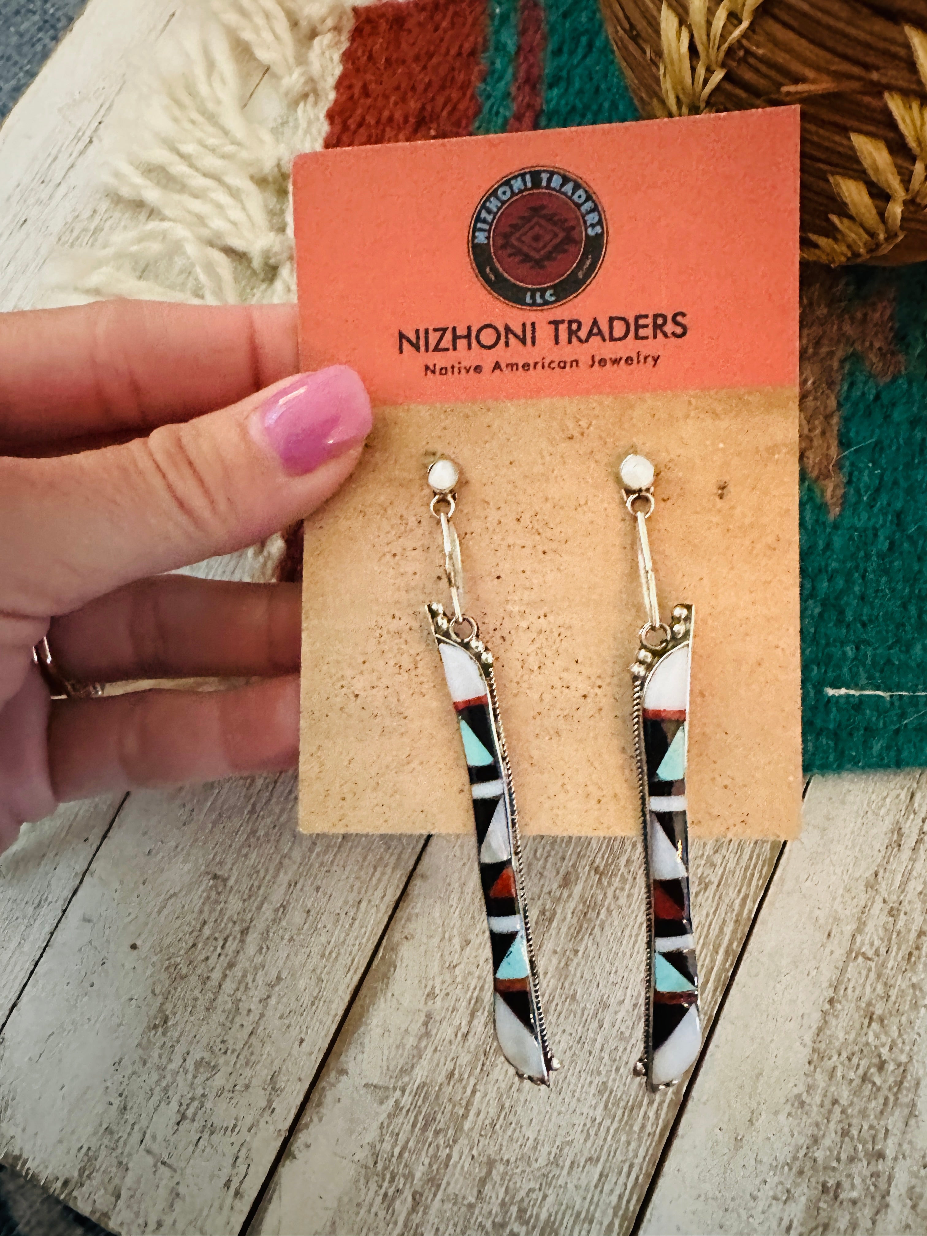 Zuni Multi Stone & Sterling Silver Inlay Dangle Earrings