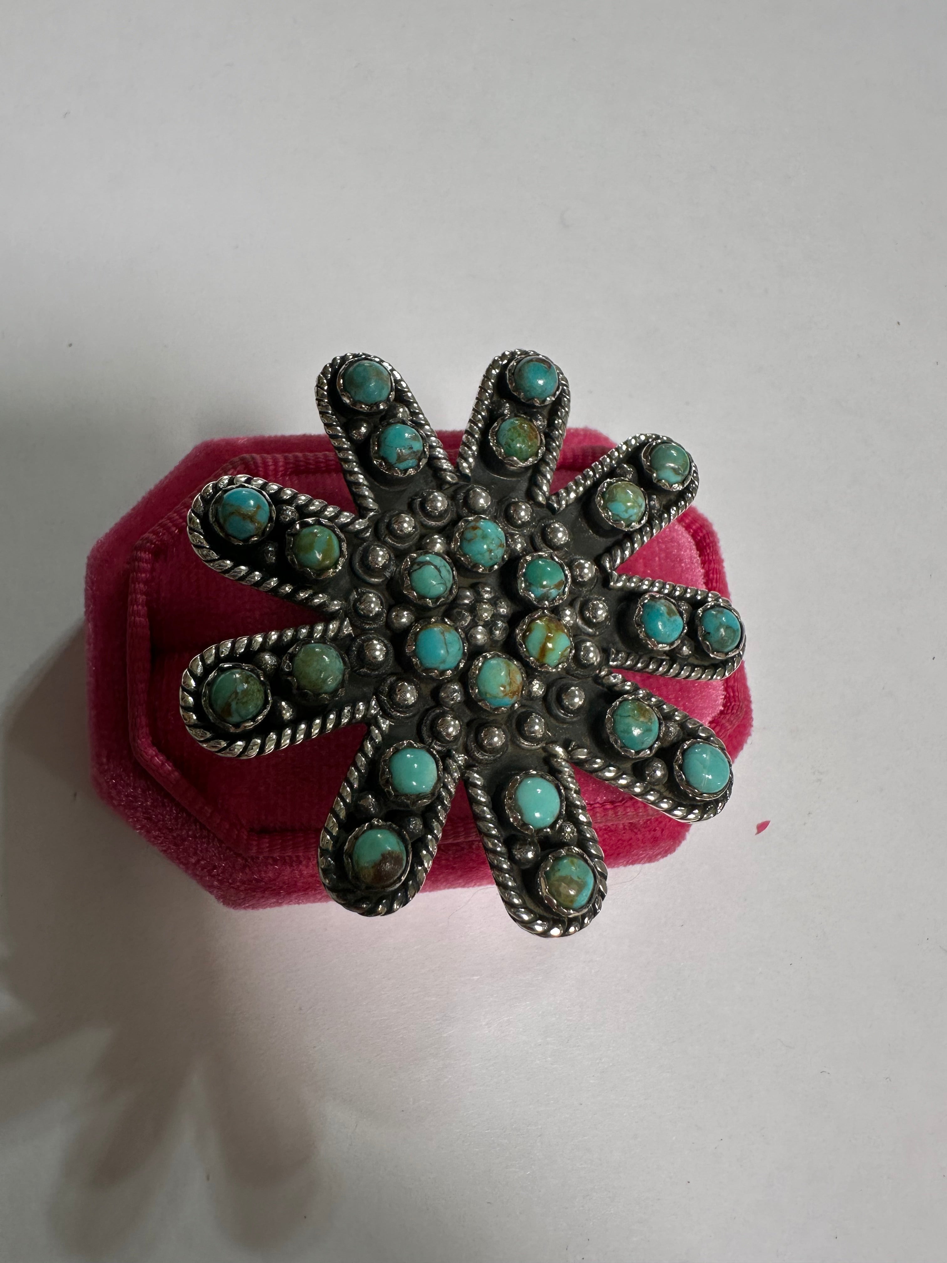 Handmade Turquoise and Sterling Silver Adjustable Flower Statement Ring