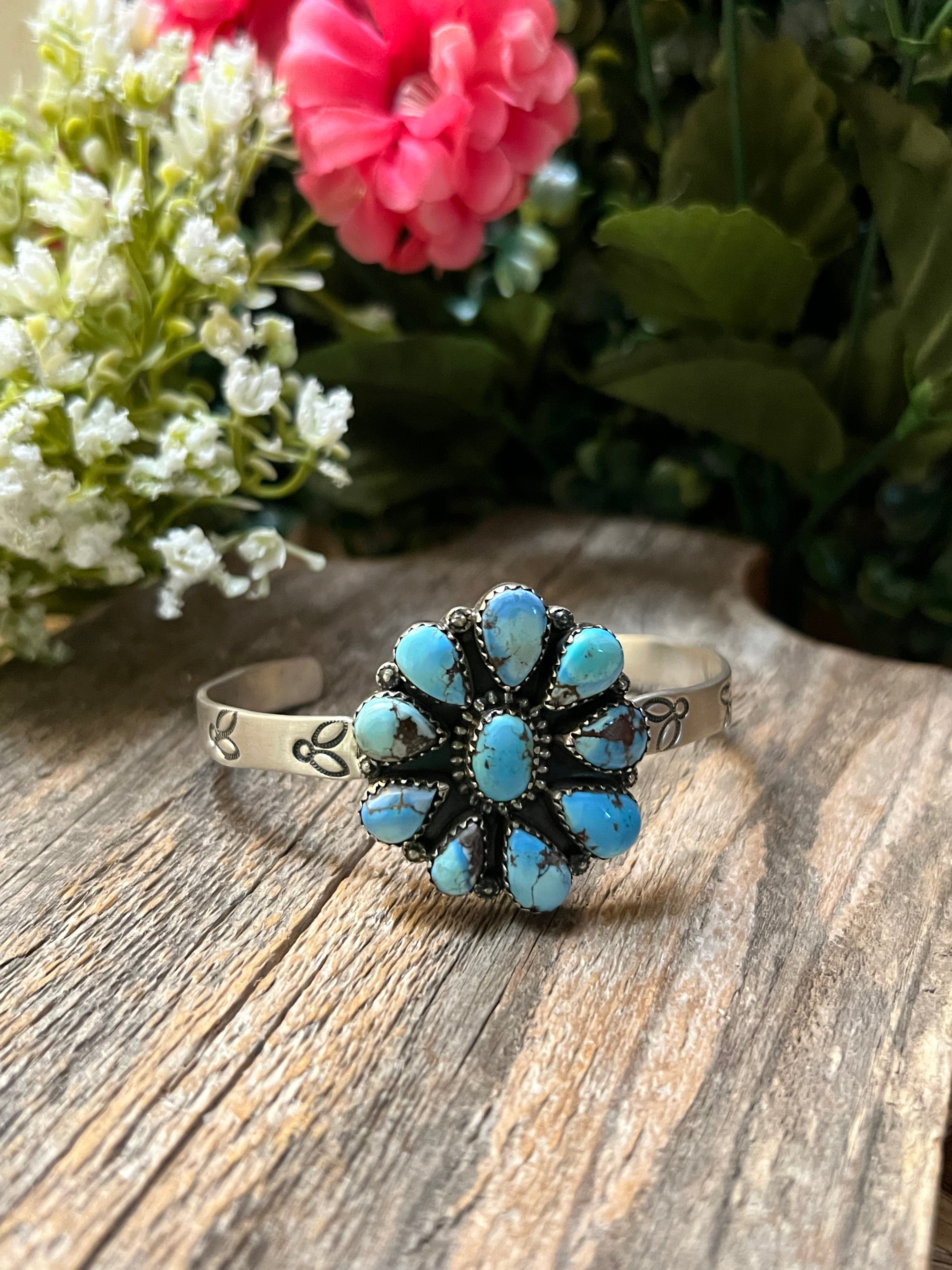 Handmade Golden Hills Turquoise Cluster Sterling Silver Cuff Bracelet (05)