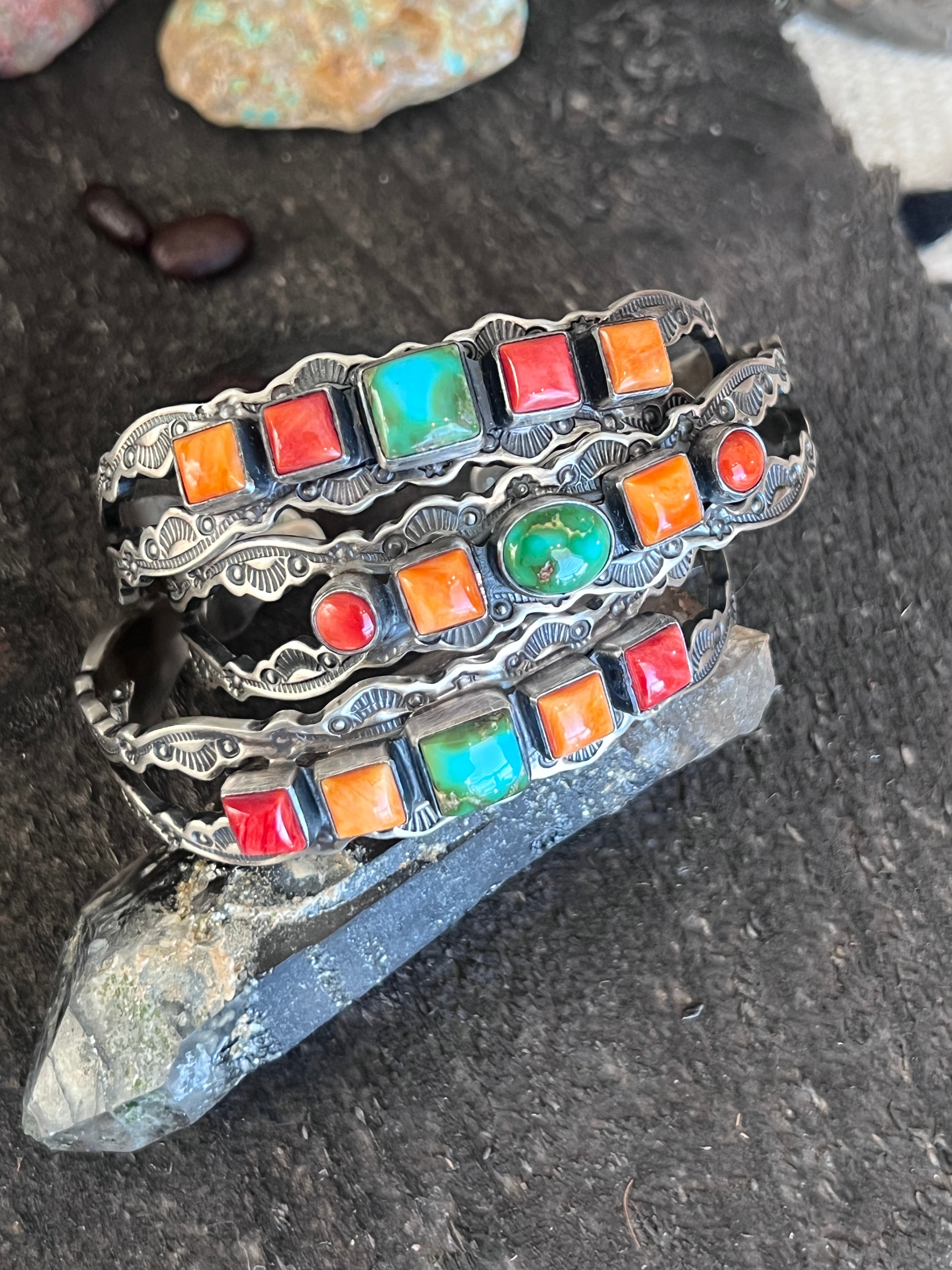 Handcrafted Electric Rainbow Sterling Silver, Sonoran Mountain Turquoise and Spiny Oyster Stacker Cuff Bracelets by Raymond Coriz