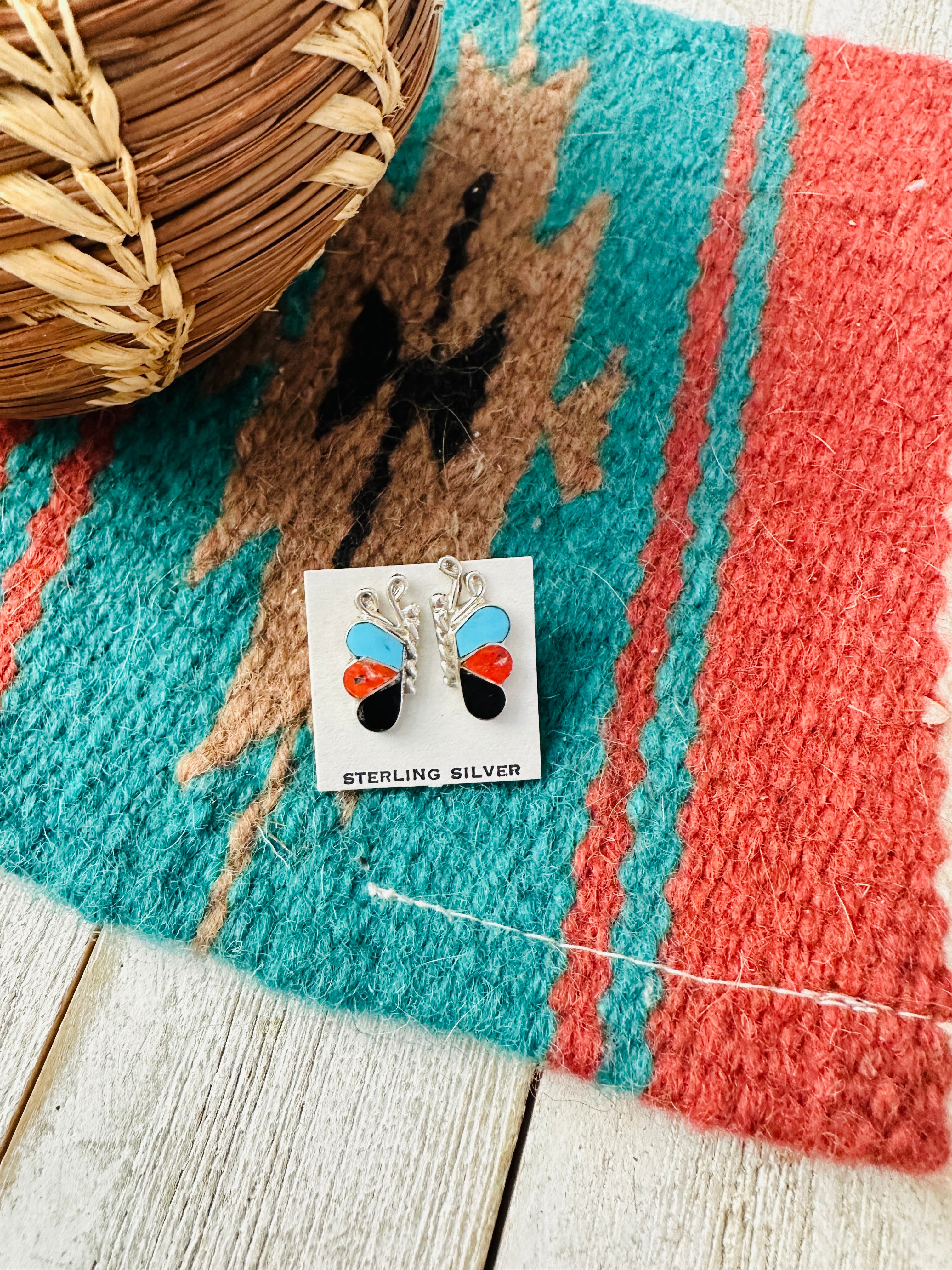 Zuni Sterling Silver & Multi Stone Butterfly Stud Earrings