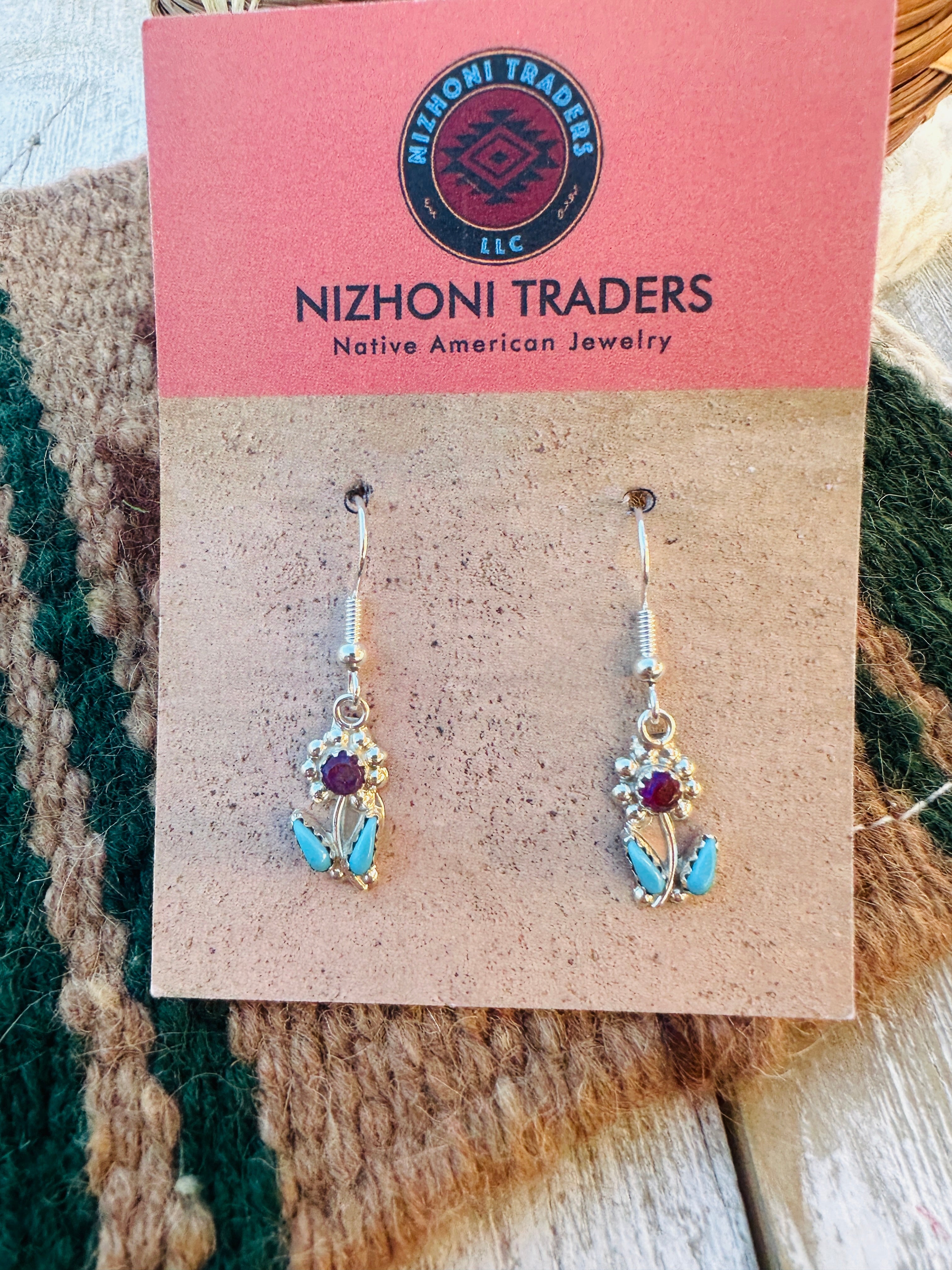 Handcrafted Turquoise, Red Opal & Sterling Silver Flower Dangle Earrings