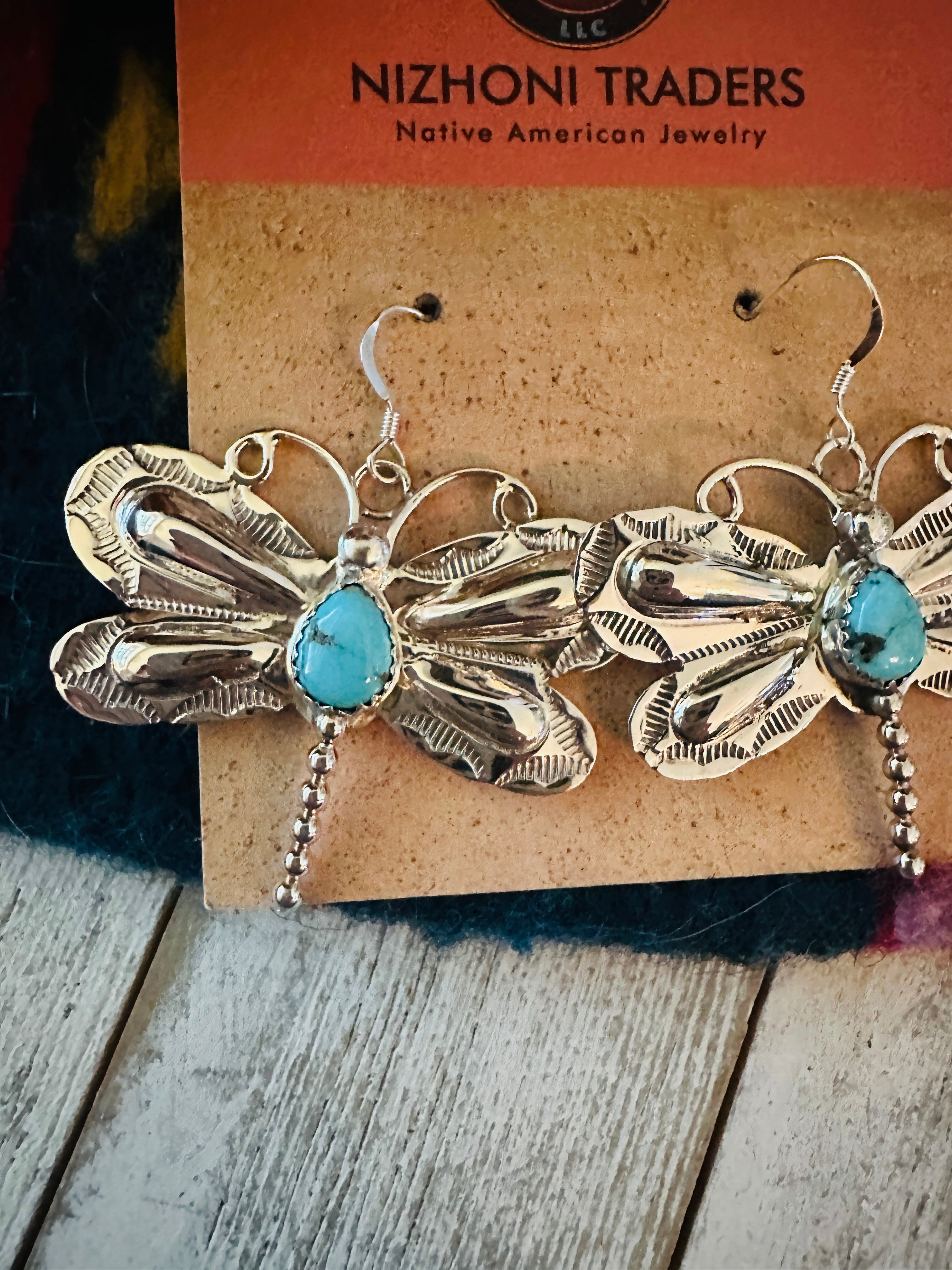 Navajo Turquoise & Sterling Silver Dragonfly Dangle Earrings