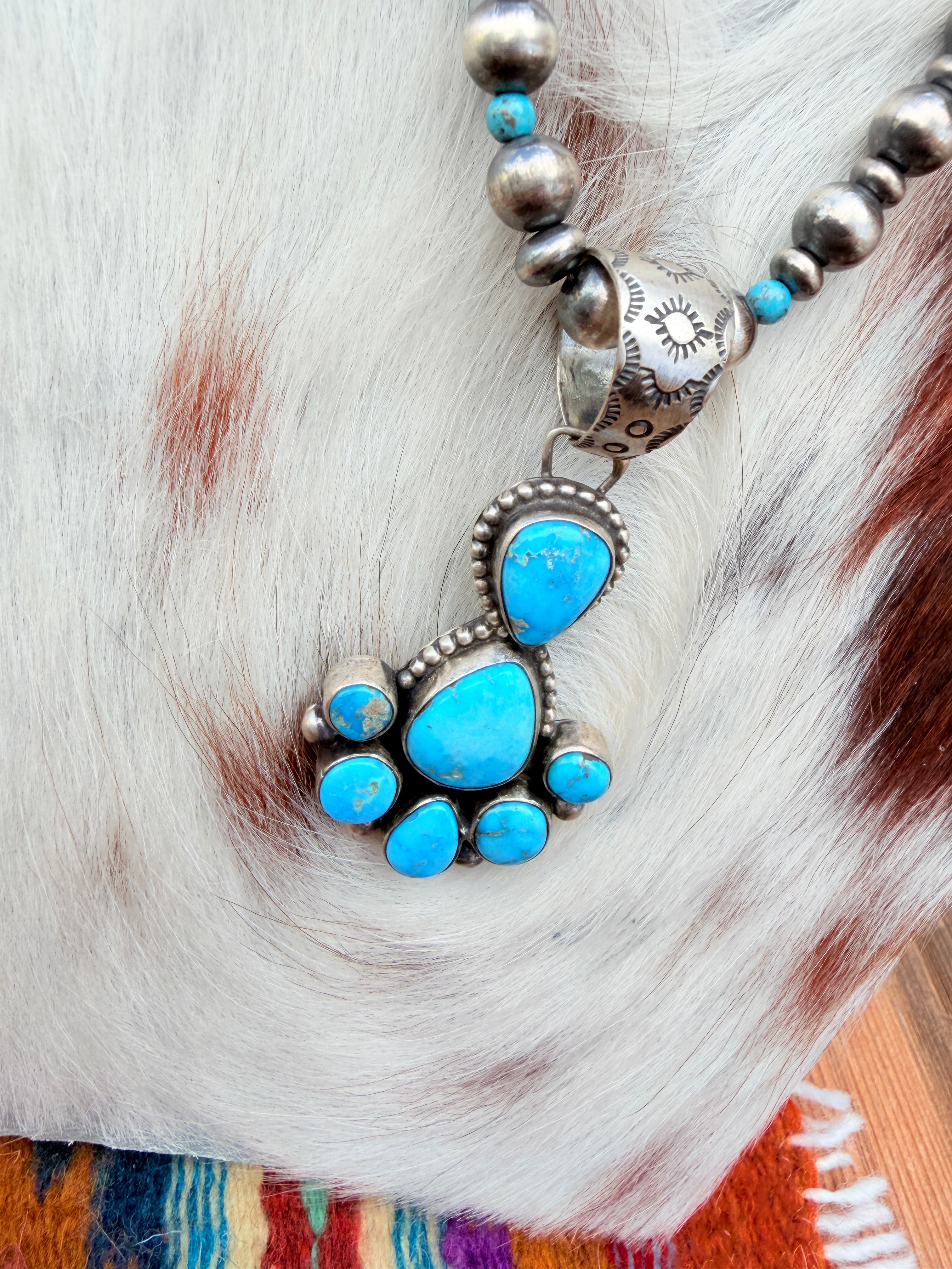 Handcrafted Turquoise & Sterling Silver Cluster Beaded Necklace by Bobby Johnson
