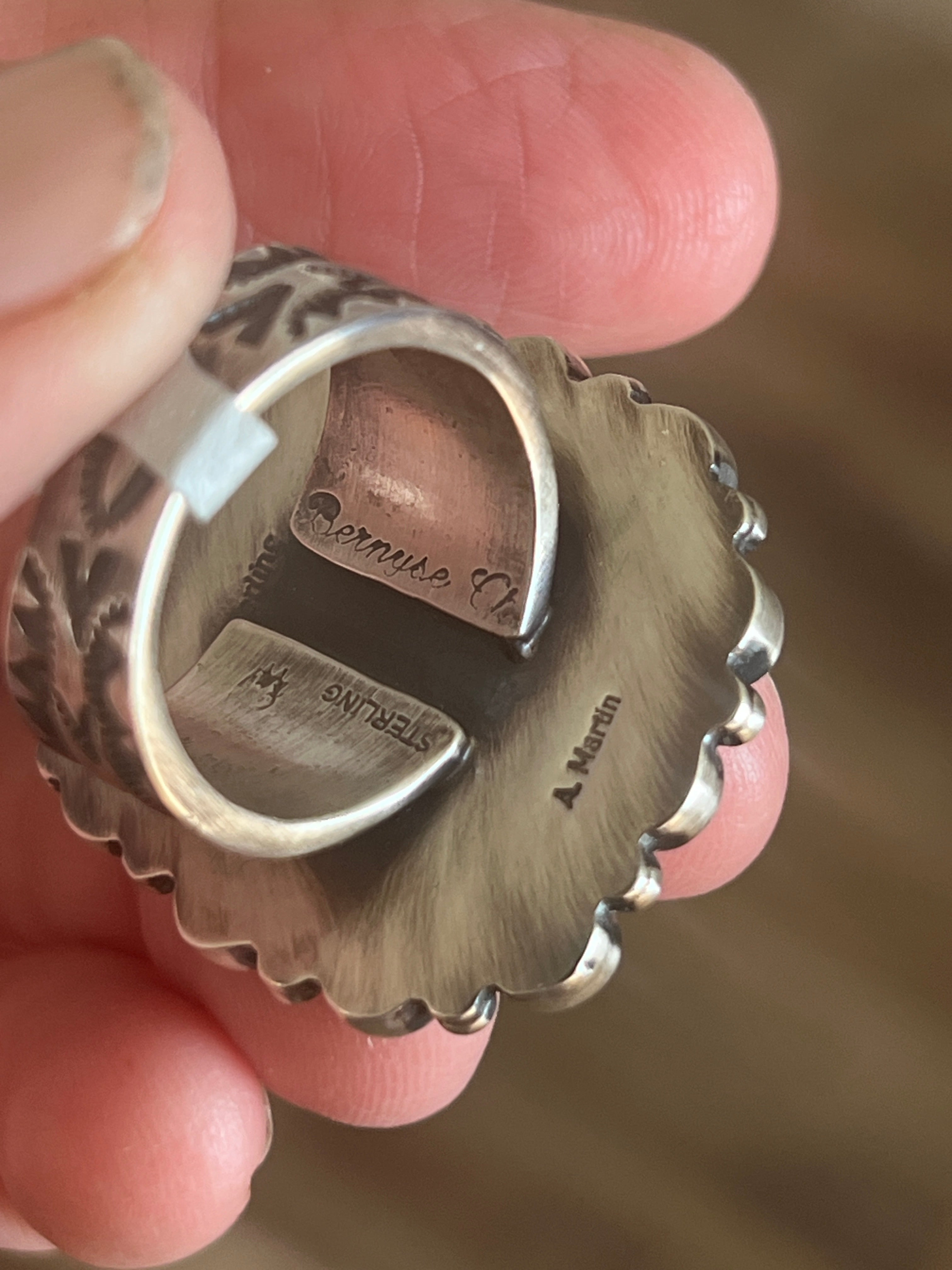 Navajo Electric Rainbow Turquoise and Spiny Oyster Ring by Angela Martin and Bernyse Chavez, Size 9