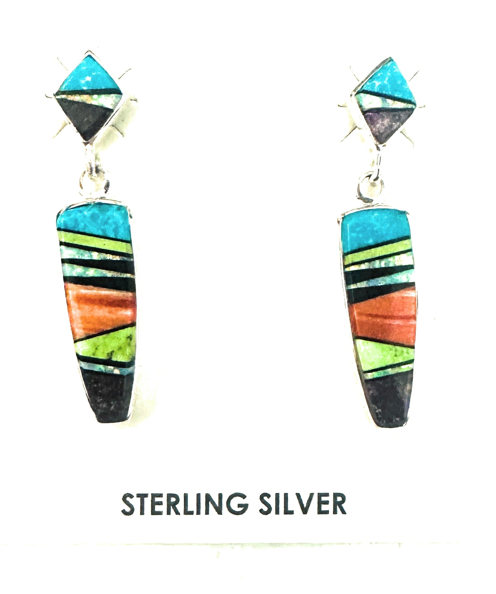 Navajo Multi Stone & Sterling Silver Inlay Dangle Earrings