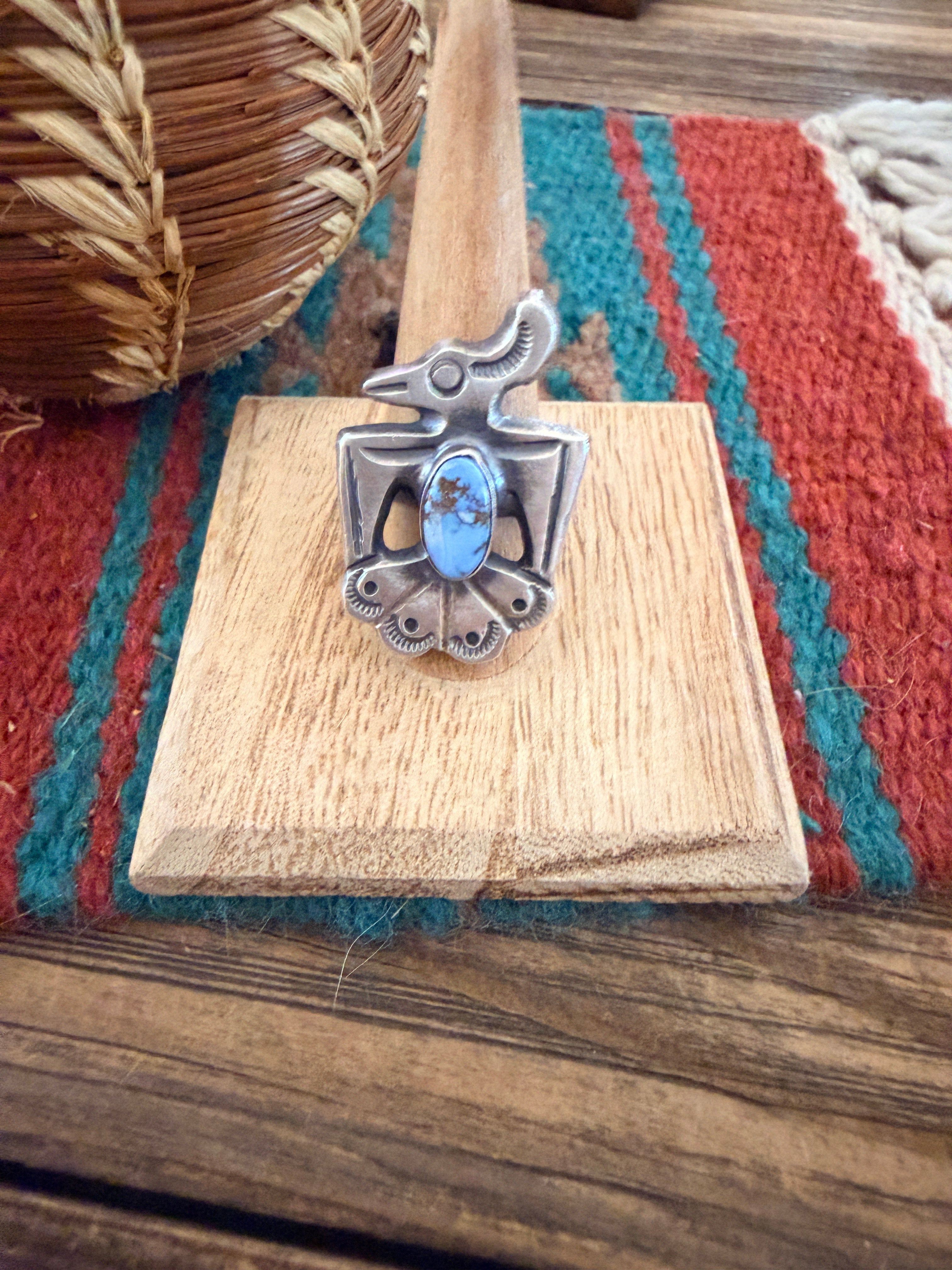 Handcrafted Golden Hills Turquoise and Sterling Silver Thunderbird Ring size 8.5 by Chimney Butte
