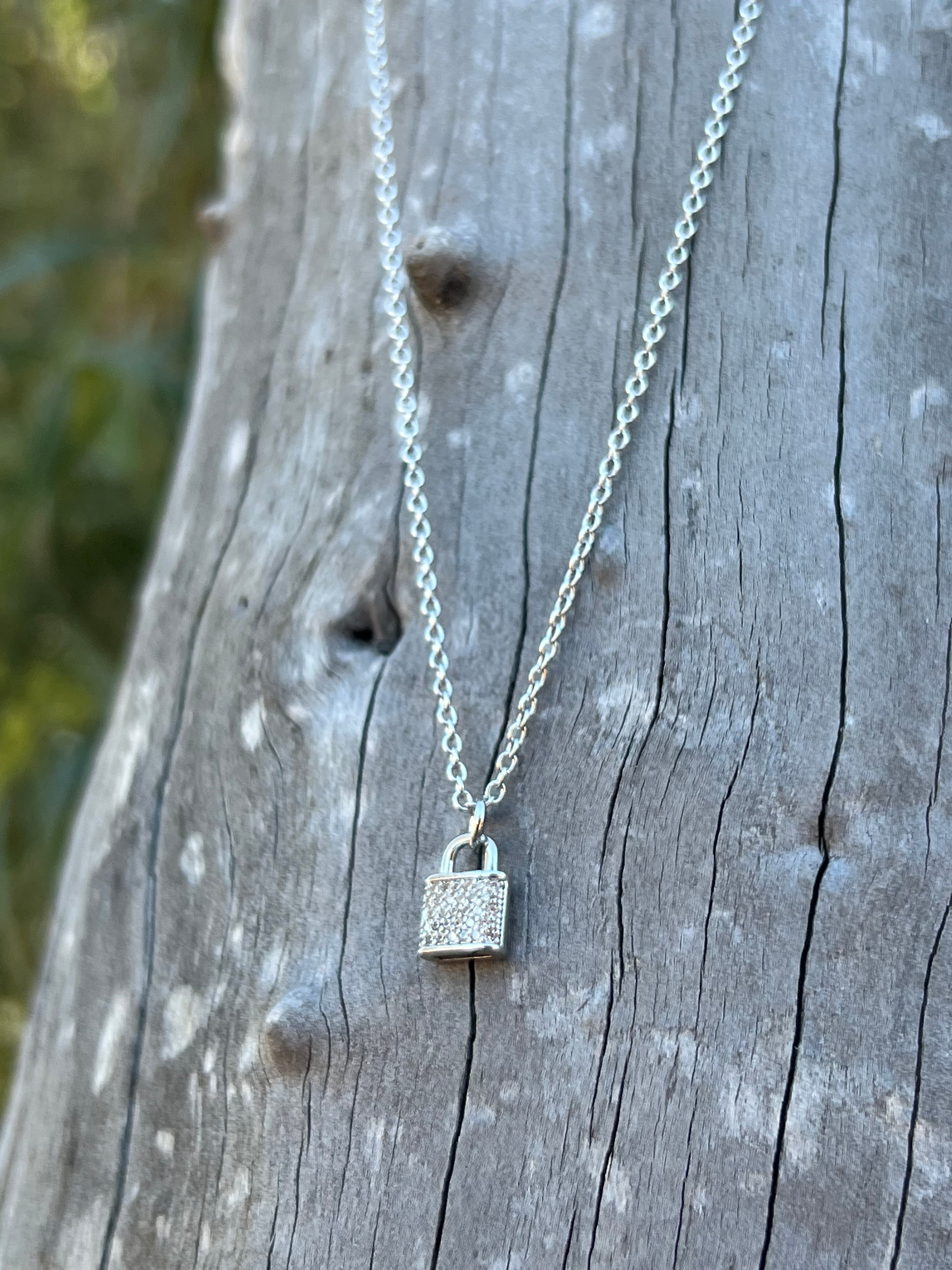 Silver Plated CZ Lock Pendant Chain Necklace