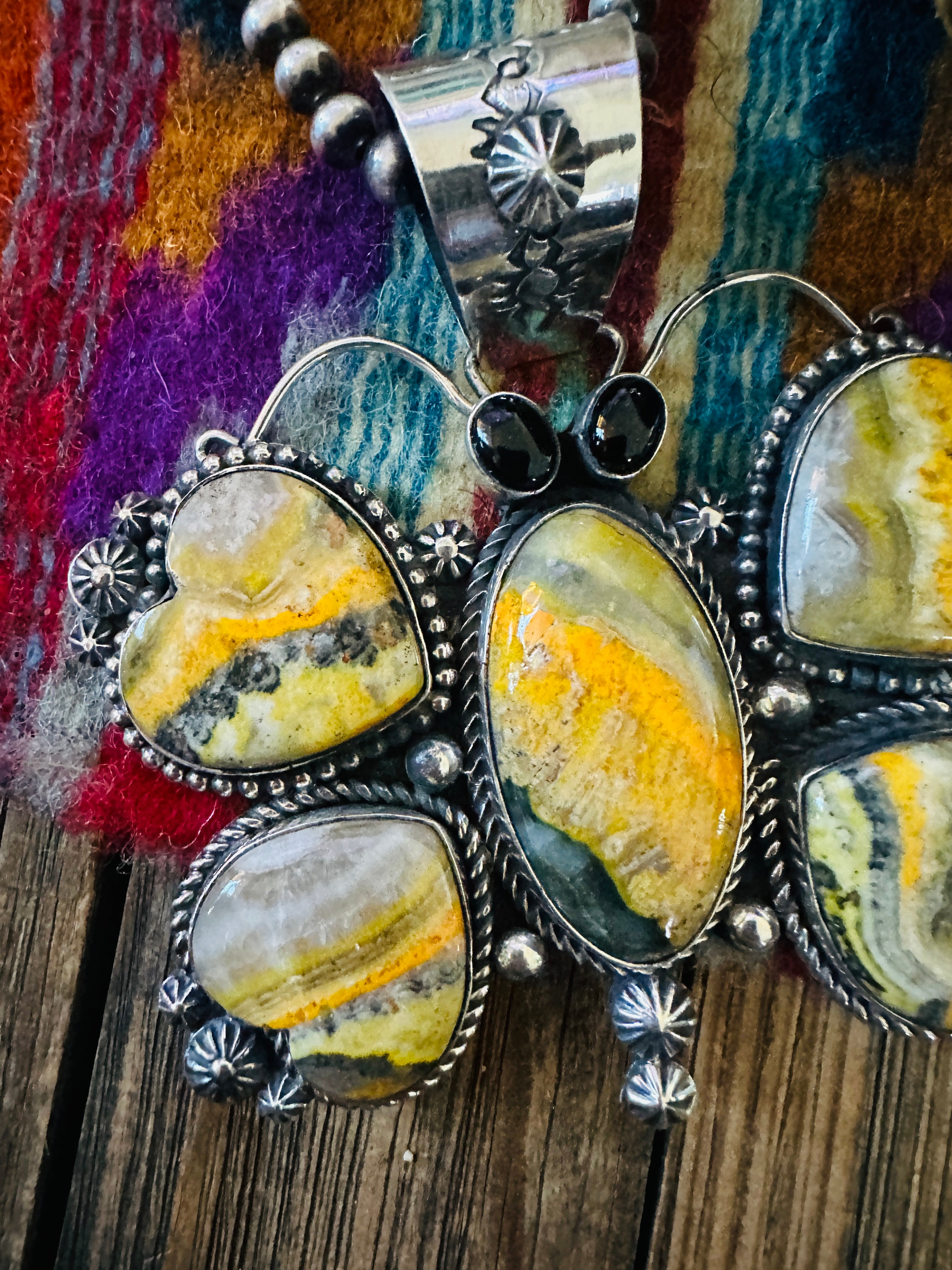 Handcrafted Sterling Silver, Bumblebee & Onyx Butterfly Pendant by Rosella Paxson