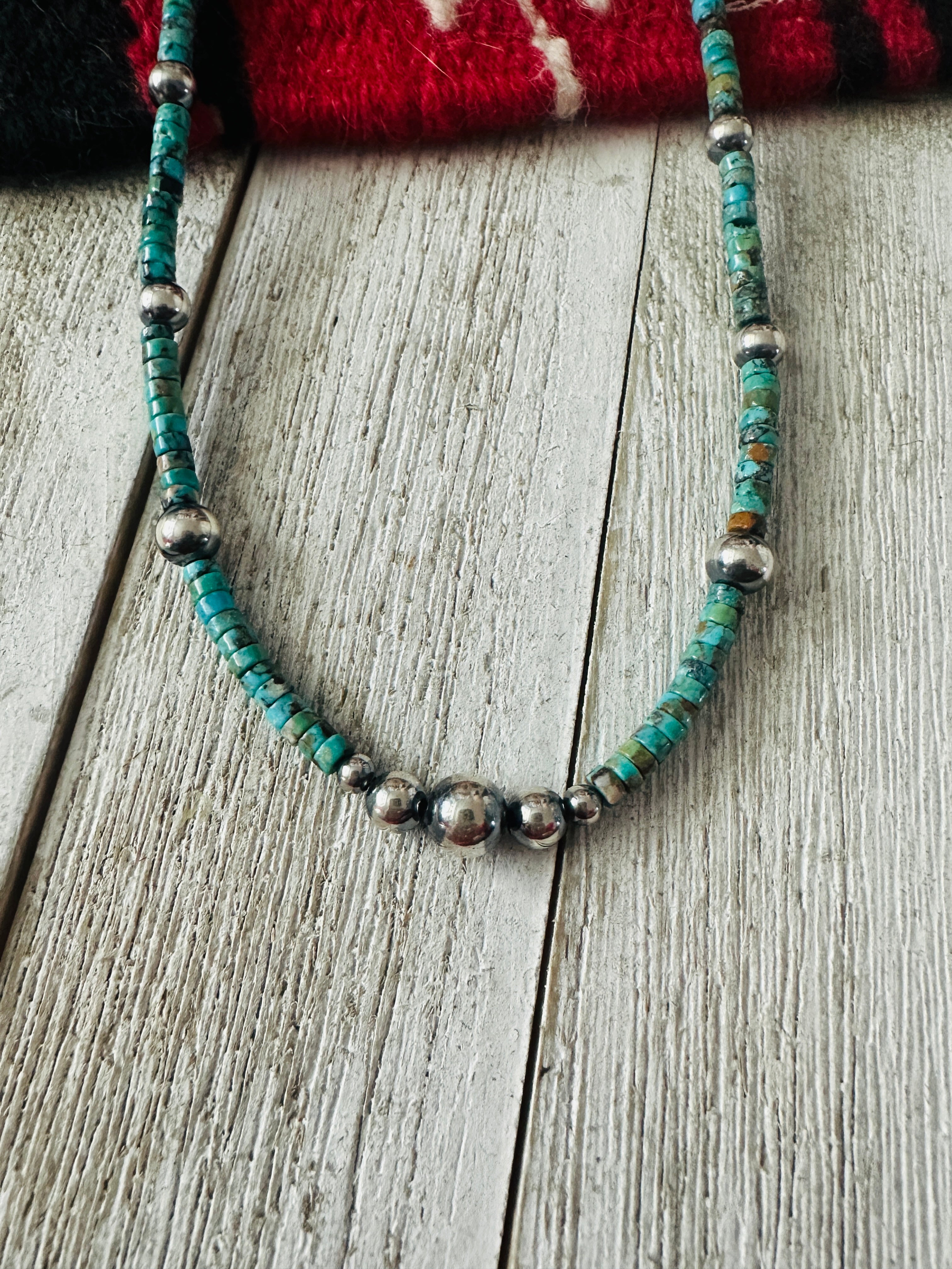 Navajo Turquoise & Sterling Silver 18” Beaded Necklace