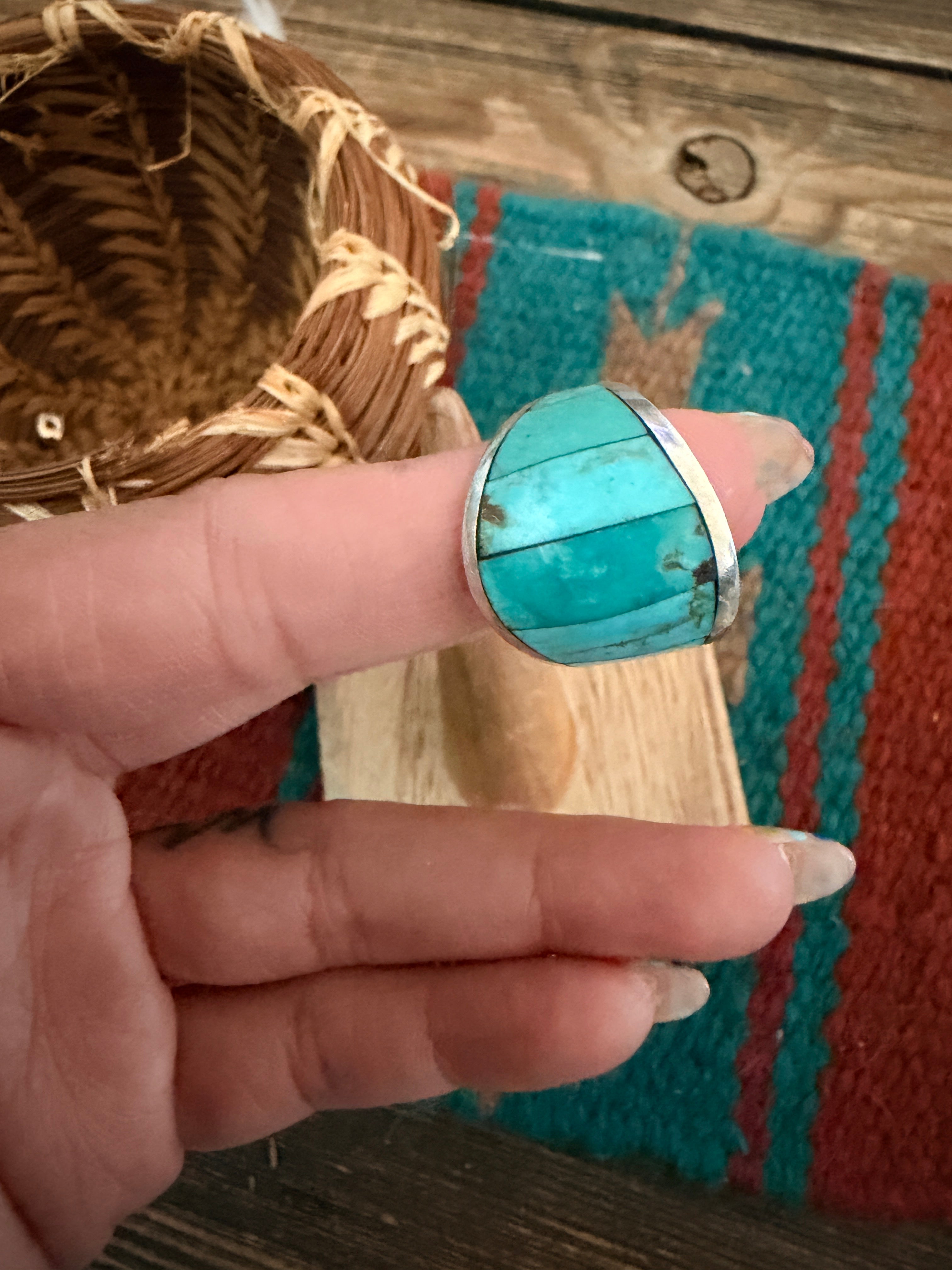 Old Pawn Handcrafted Turquoise & Sterling Silver Inlay Ring Size 6