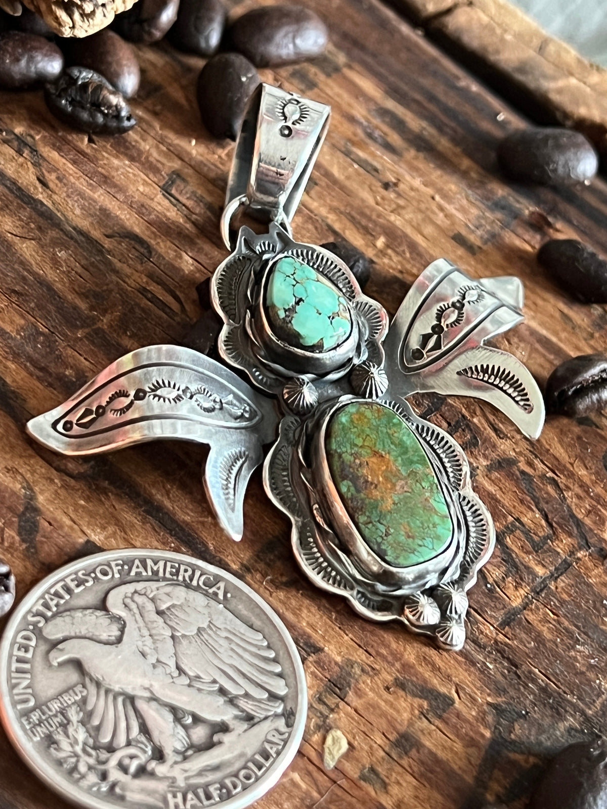 Sterling Silver and Turquoise Winged Bug Pendant by Kimari Somers