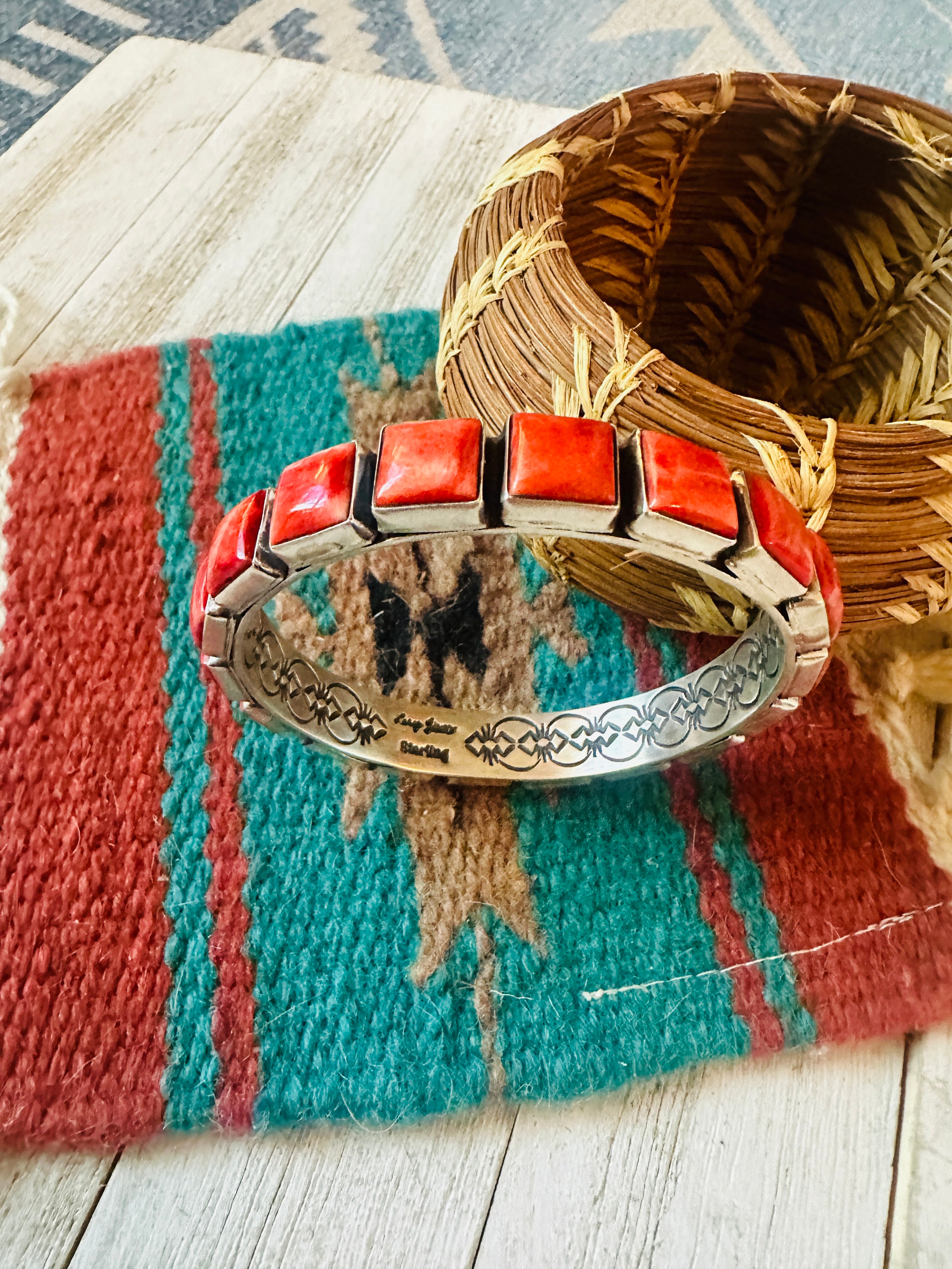 Handcrafted Spiny Oyster & Sterling Silver Bangle Bracelet Signed Lero