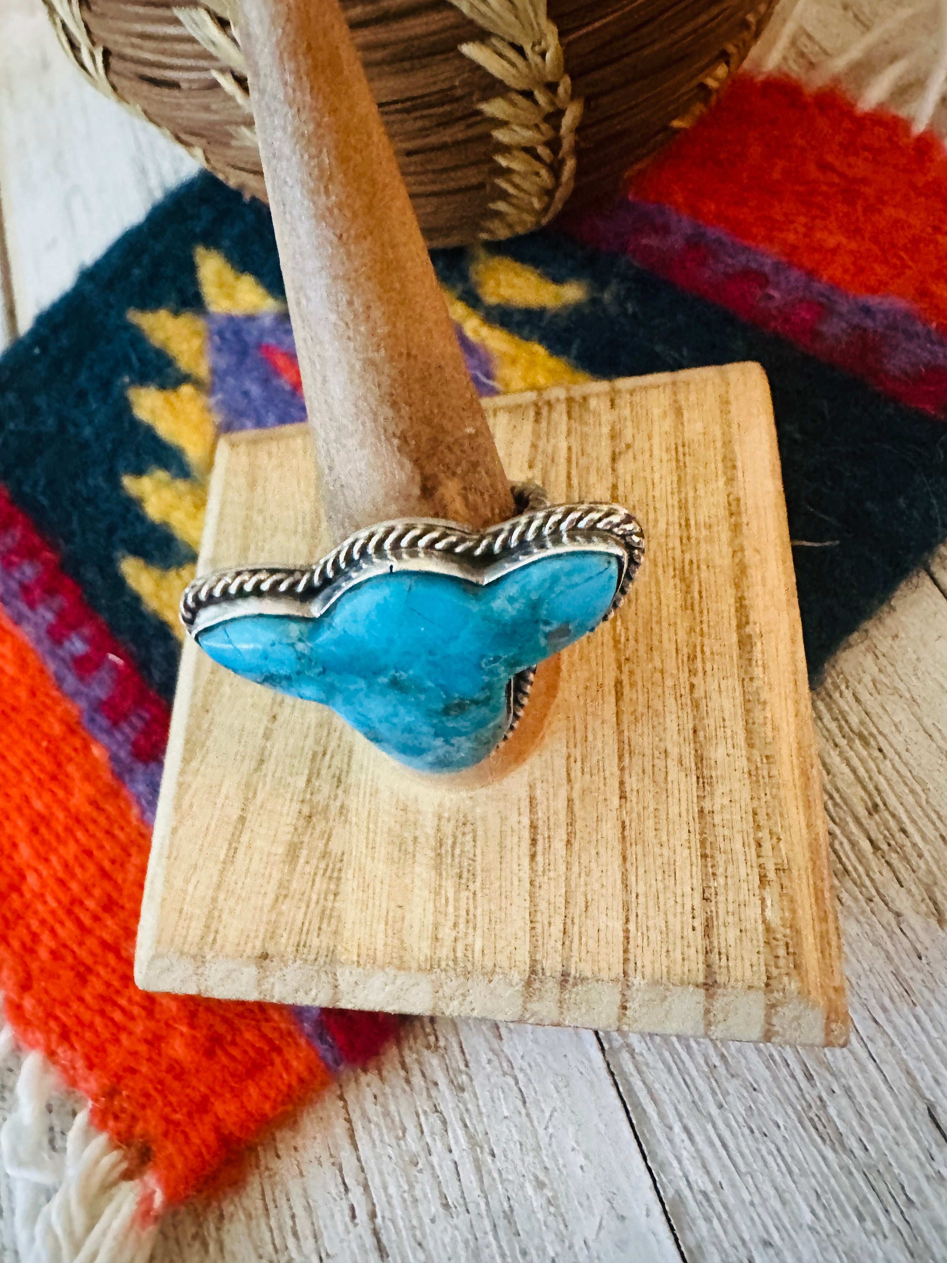 Navajo Royston Turquoise & Sterling Silver Bullhead Adjustable Ring