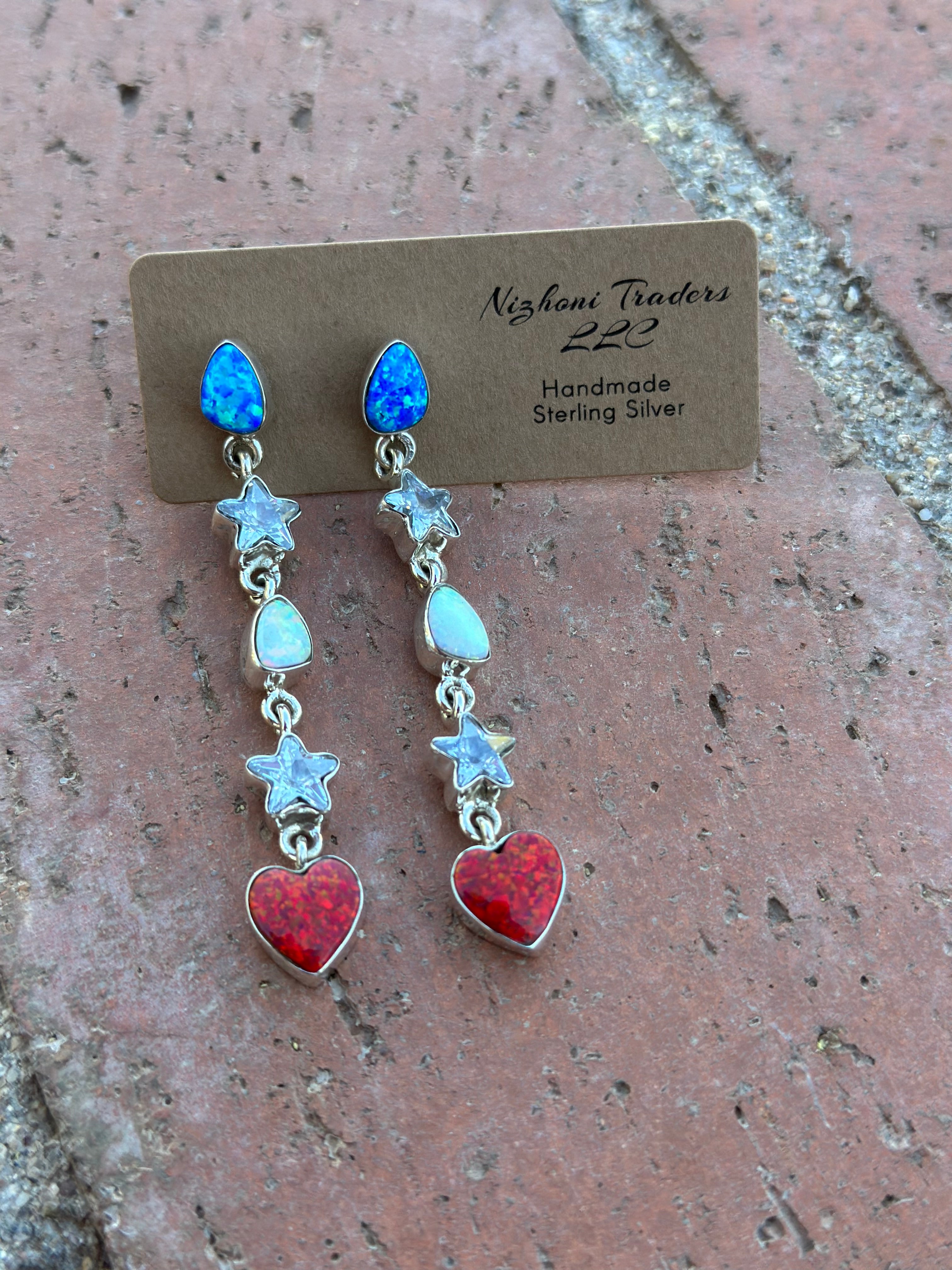 4th Of July Handmade Red, White & Blue Fire Opal and Sterling Silver Dangles