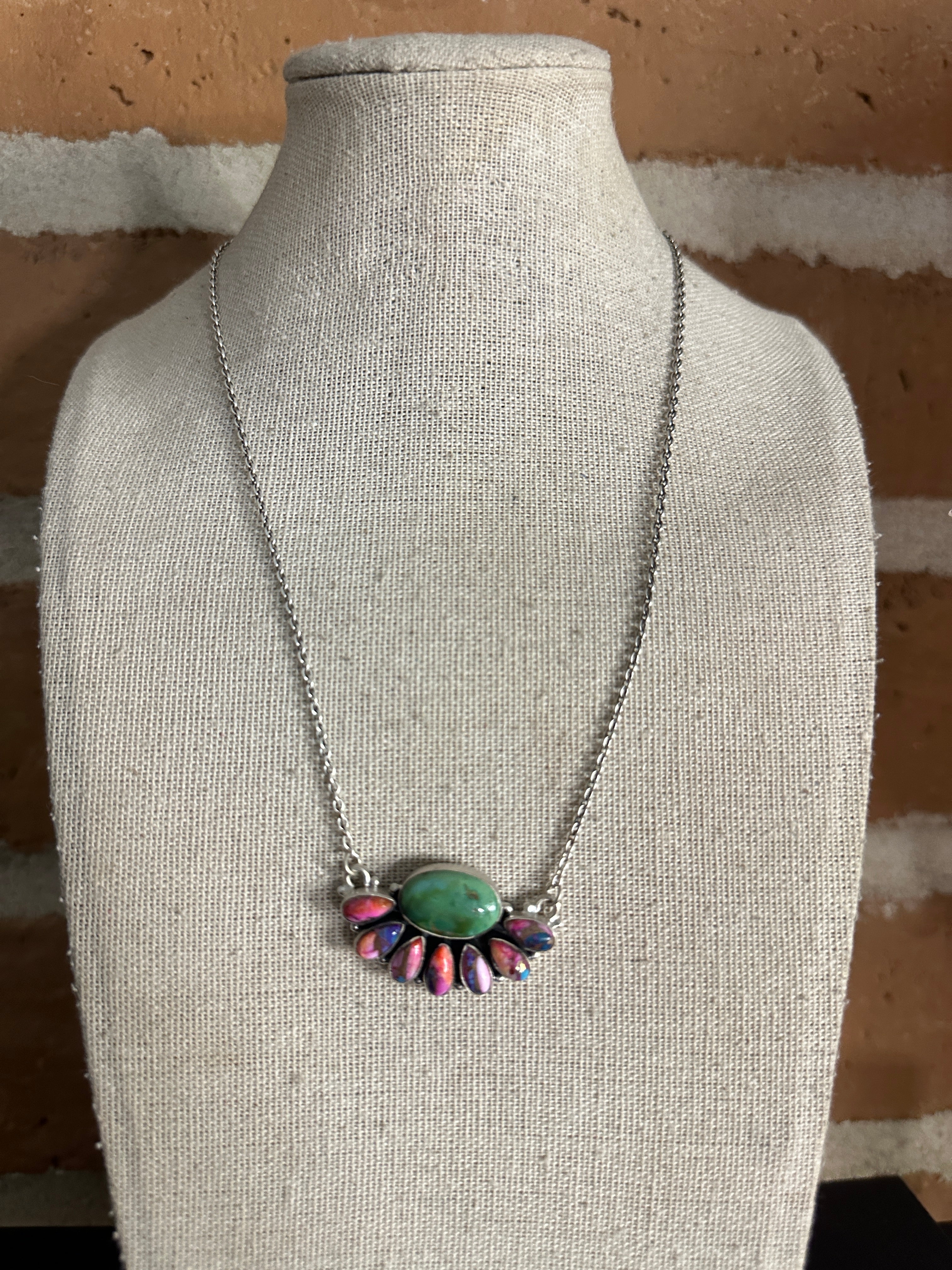 Handmade Pink Dream Mojave, Turquoise & Sterling Silver Crescent Necklace