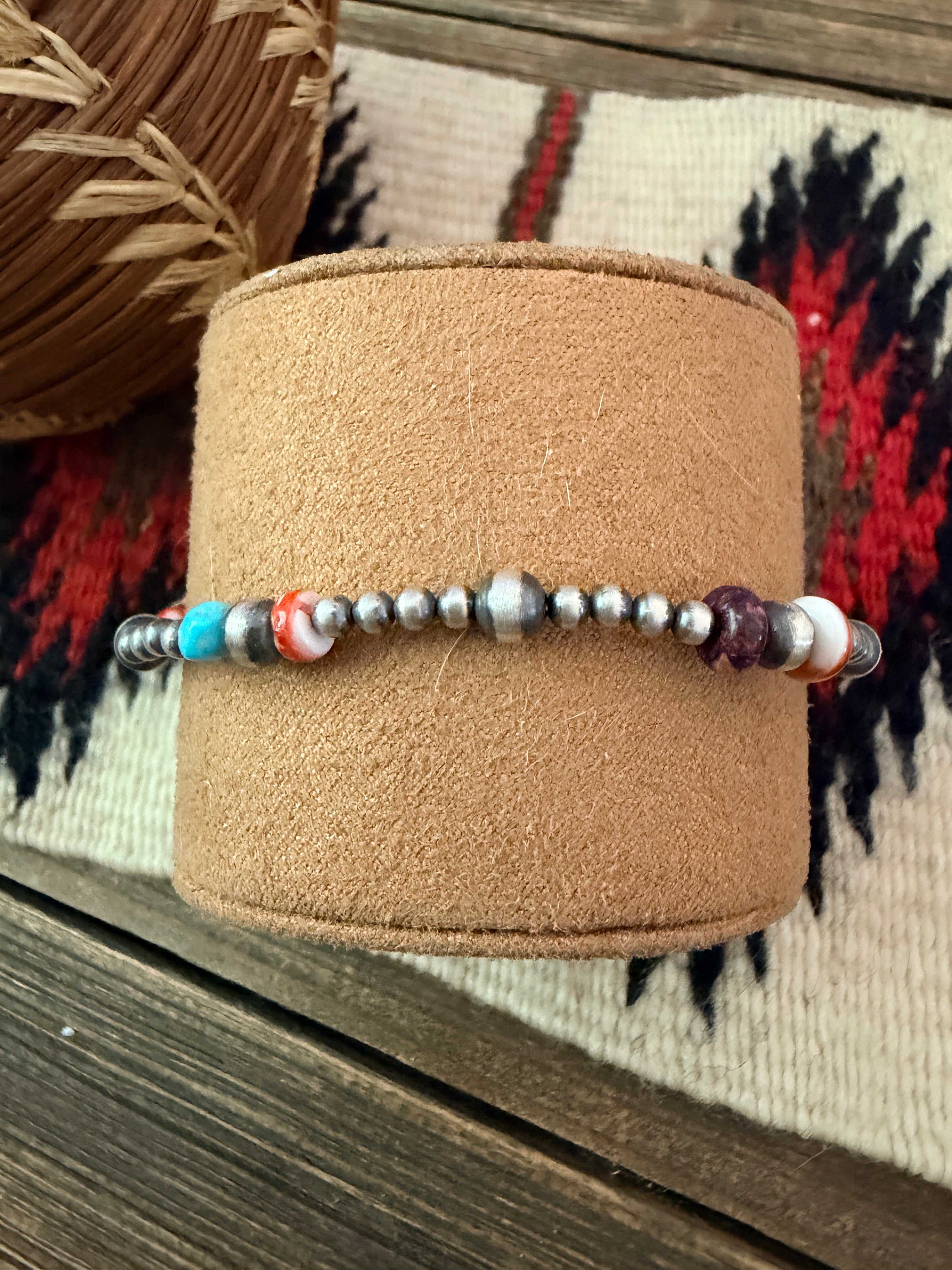 Handcrafted Turquoise, Spiny Oyster & Sterling Silver Pearl Beaded Stretch Bracelet