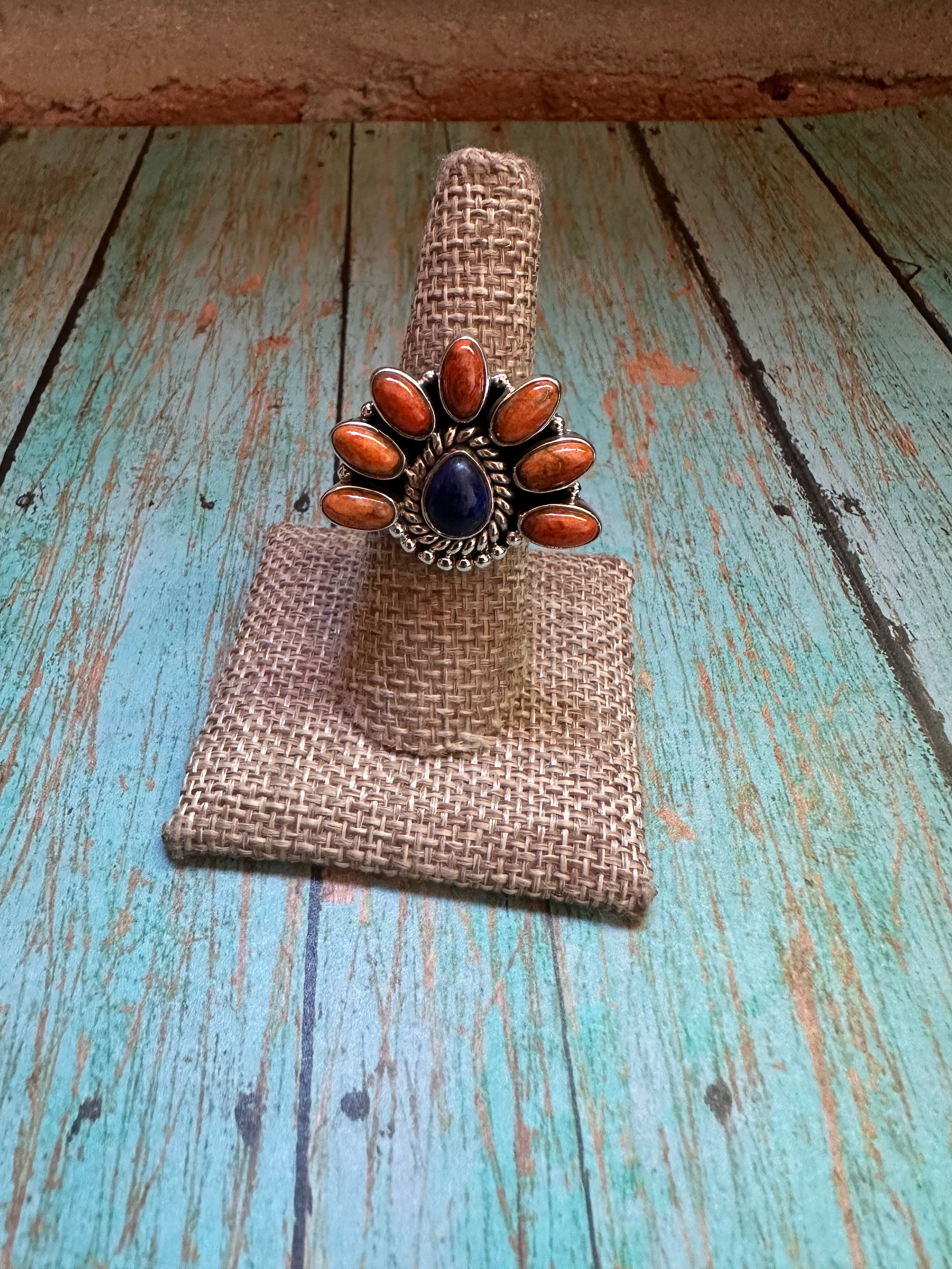 Handmade Lapis, Orange Mojave And Sterling Silver Adjustable Ring