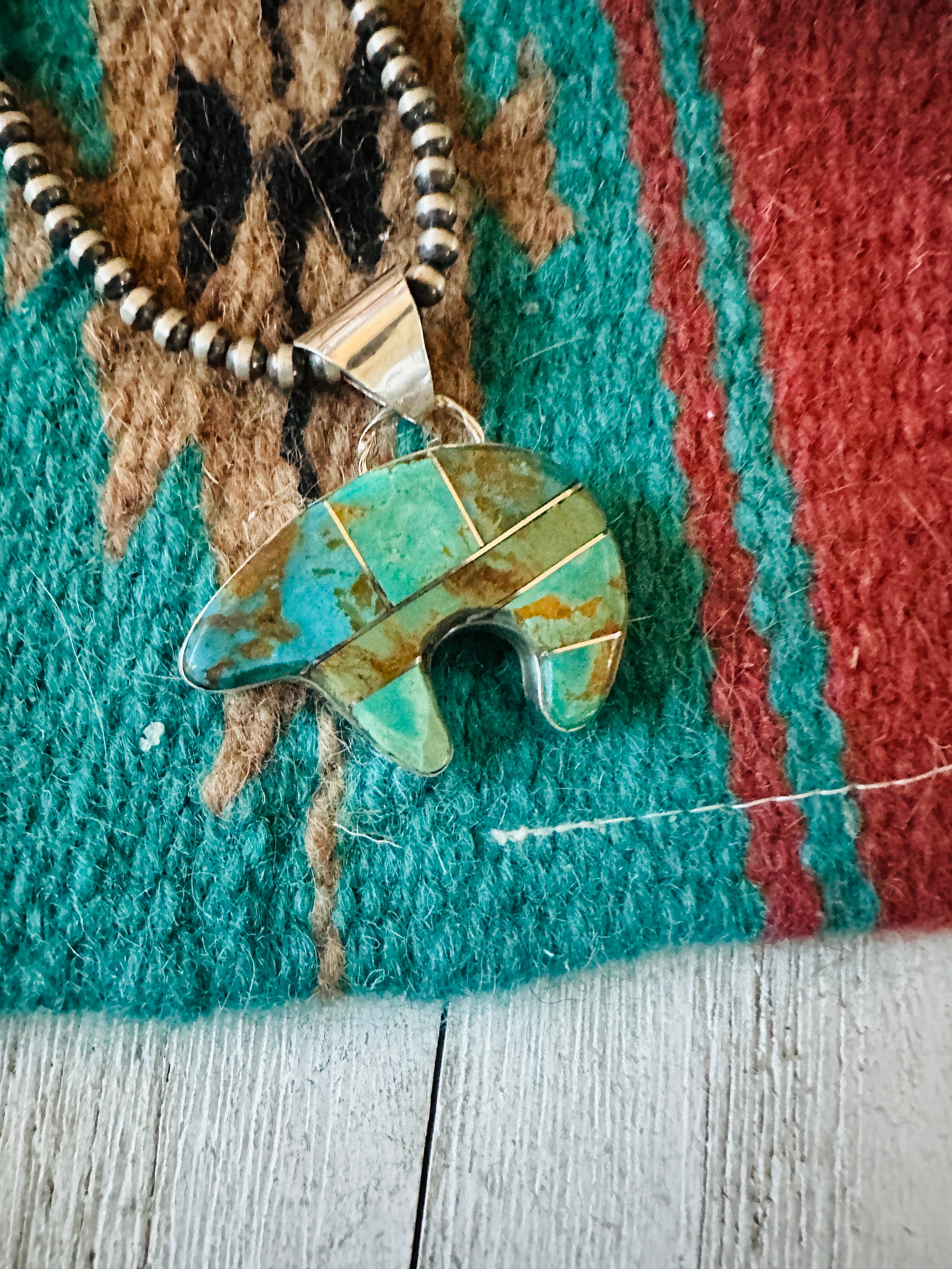 Navajo Turquoise & Sterling Silver Inlay Fetish Bear Pendant