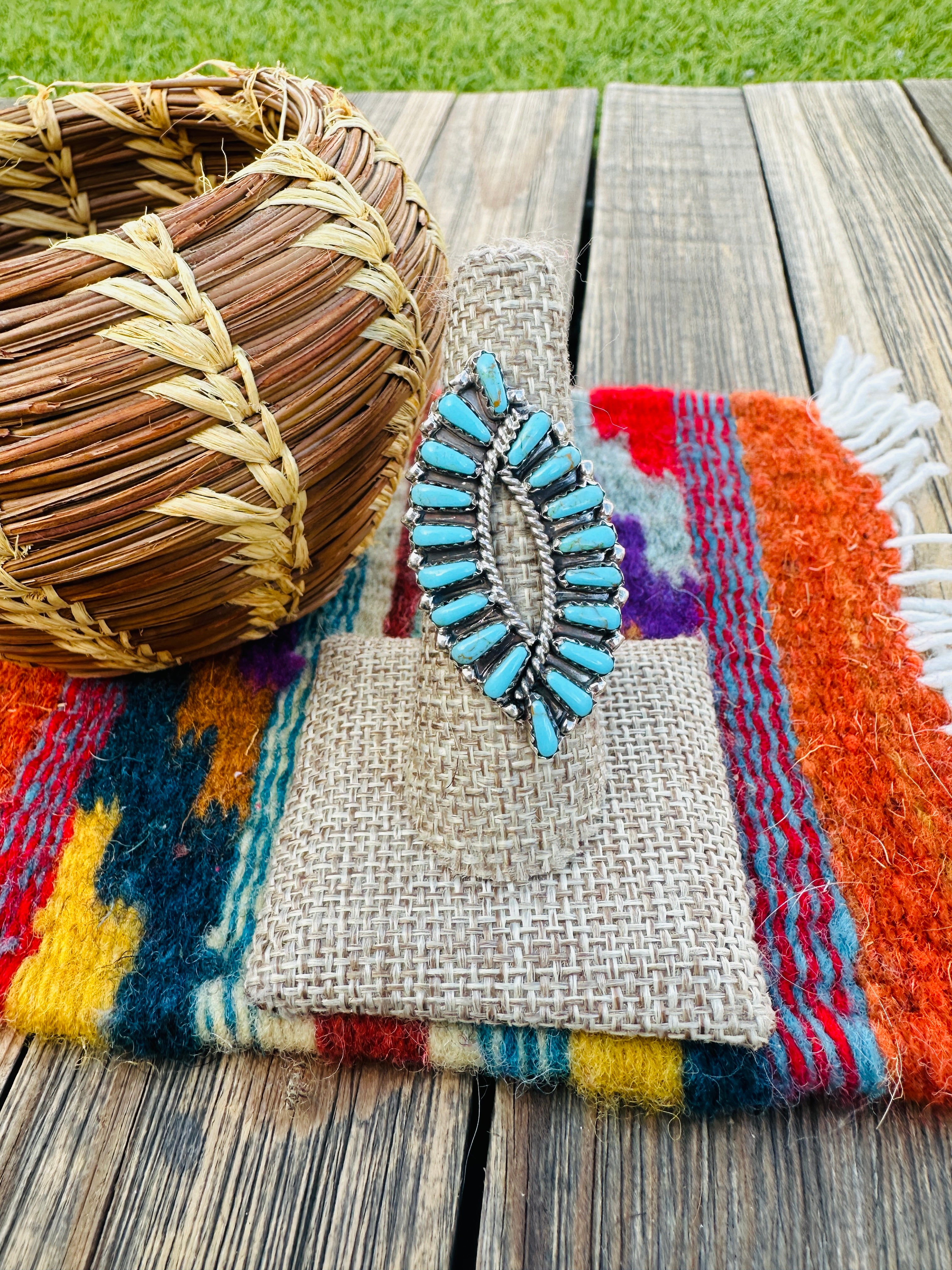 Handcrafted Turquoise & Sterling Silver Cluster Ring by Tamara Benally Size 9