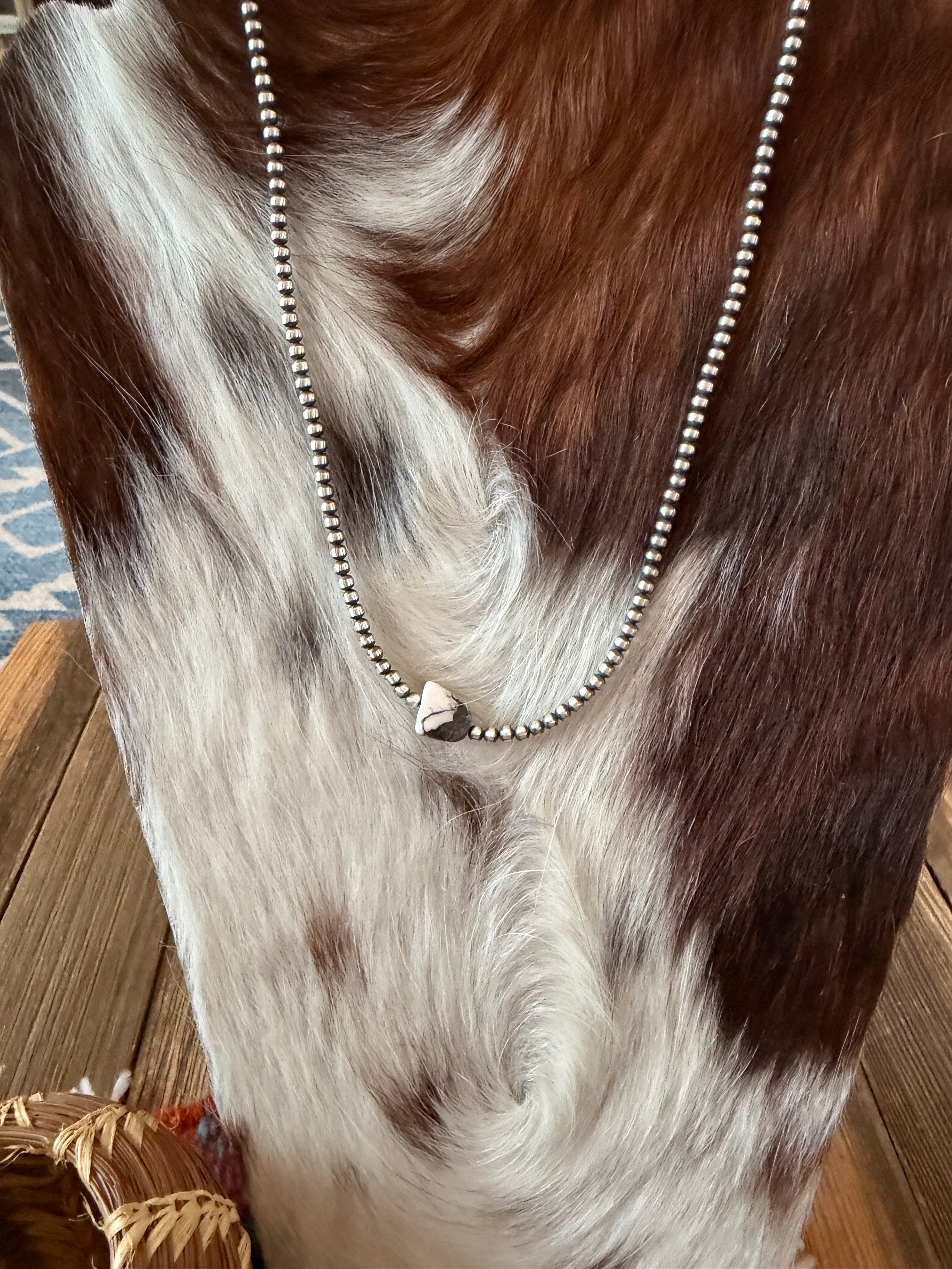 Handcrafted White Buffalo & 3mm Sterling Silver Pearl Beaded Necklace