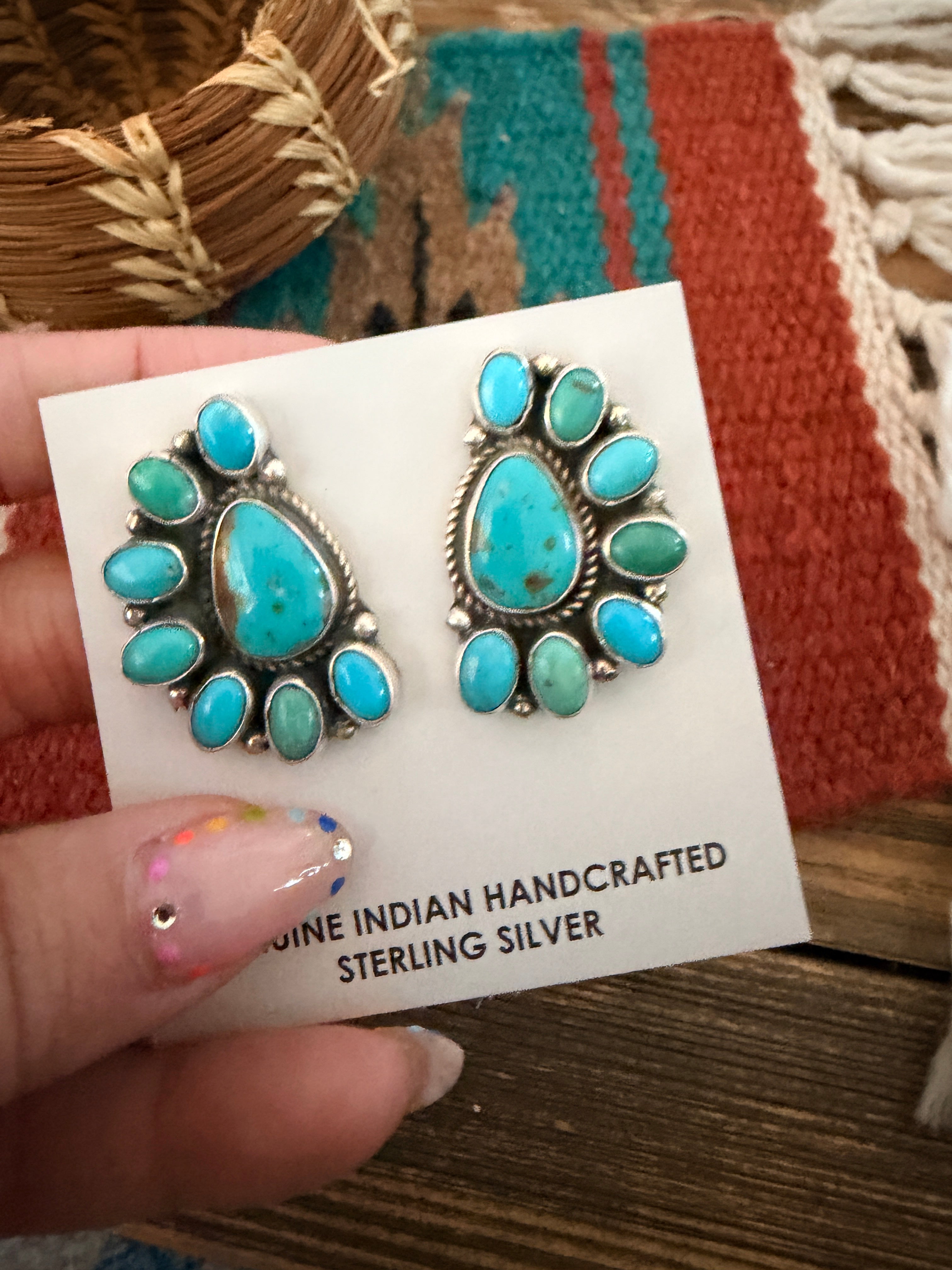 Handcrafted Turquoise & Sterling Silver Cluster Post Earrings