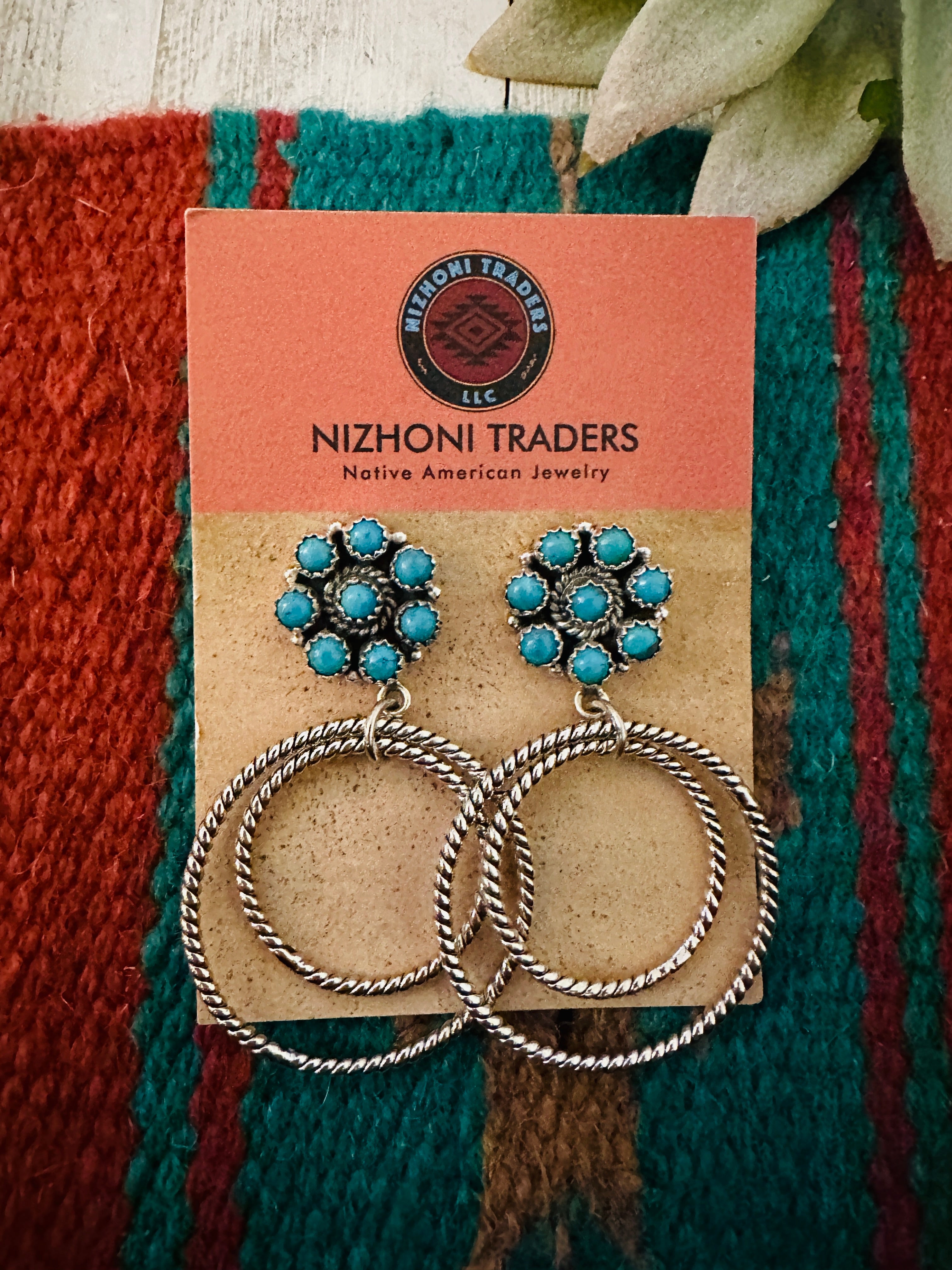 Handmade Turquoise, & Sterling Silver Cluster Circle Dangle Earrings Signed Nizhoni