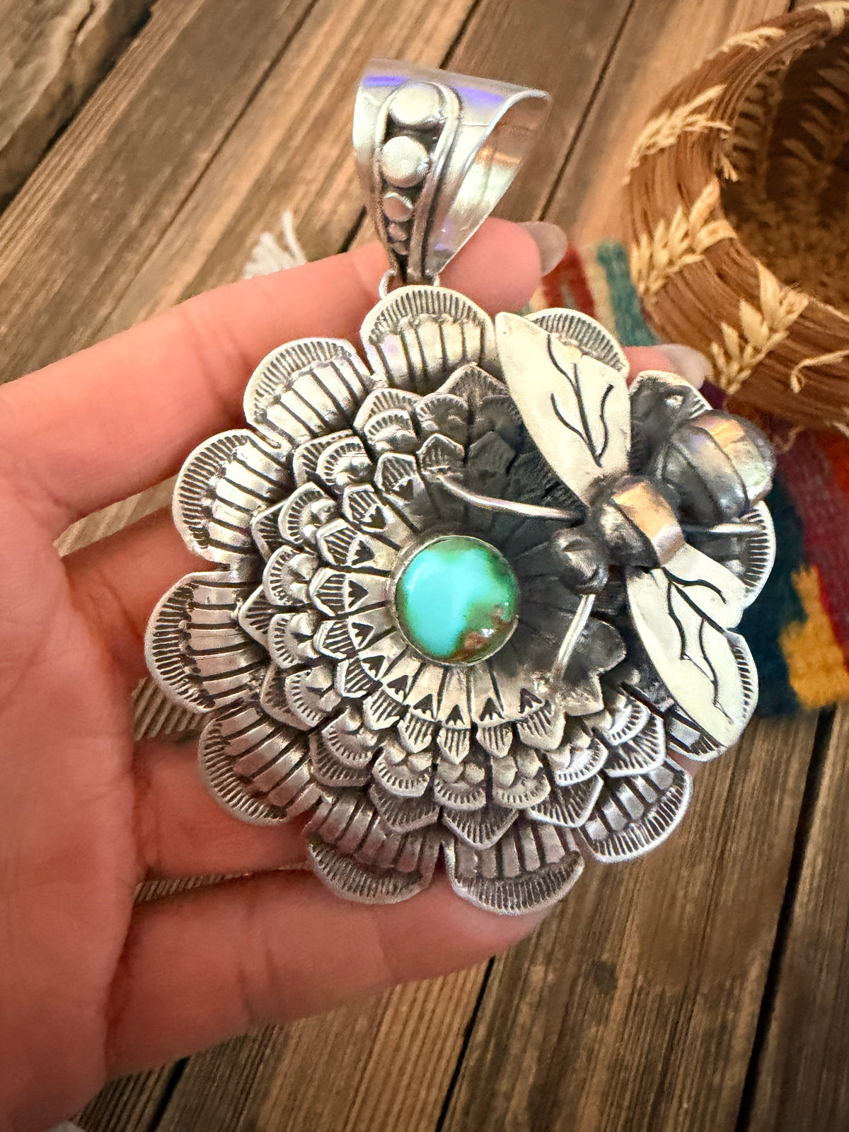 Handcrafted Sterling Silver & Turquoise Sunflower Necklace with Bee by Russell Sam