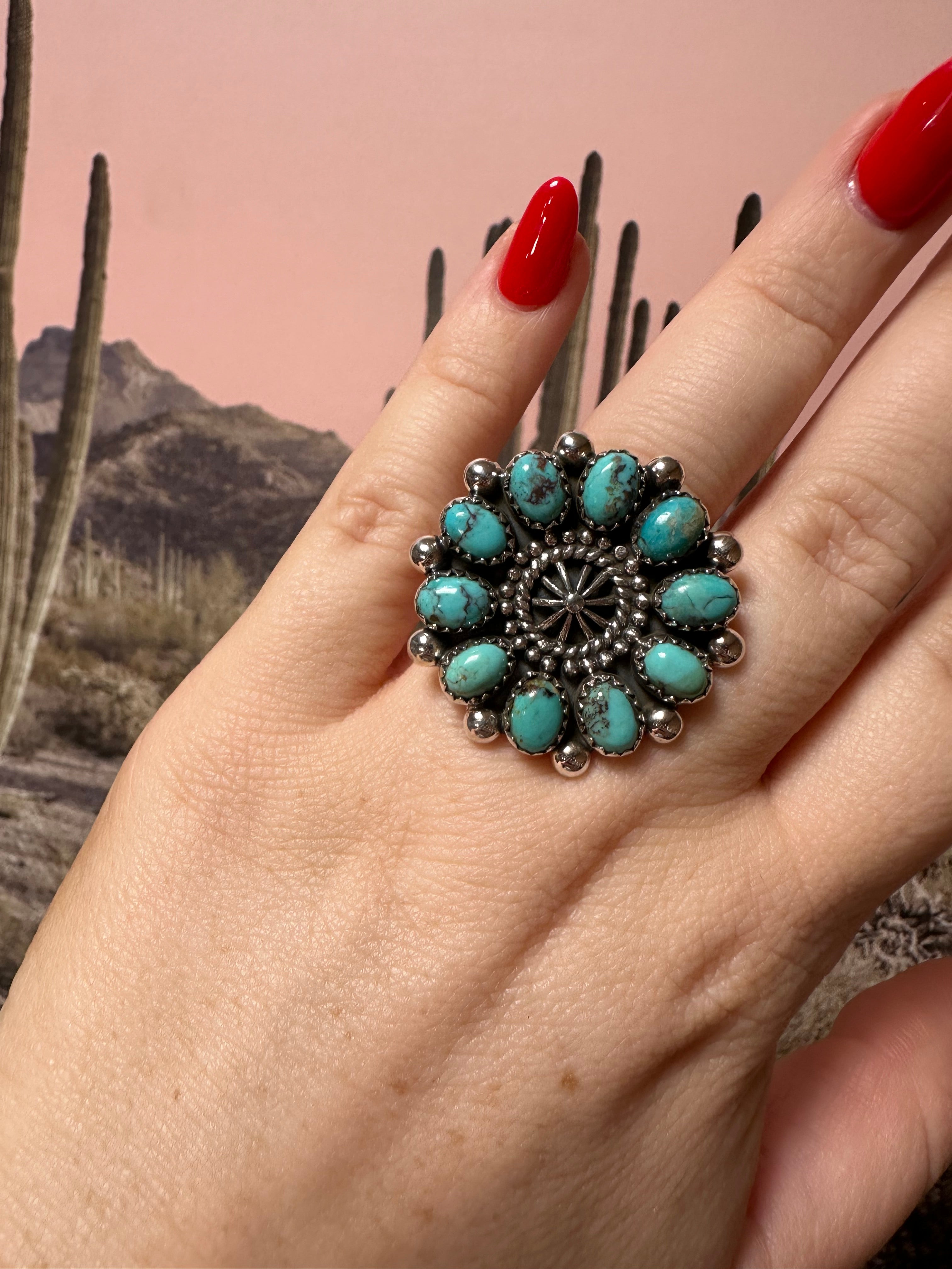 Beautiful Handmade Turquoise And Sterling Silver Adjustable Cluster Ring