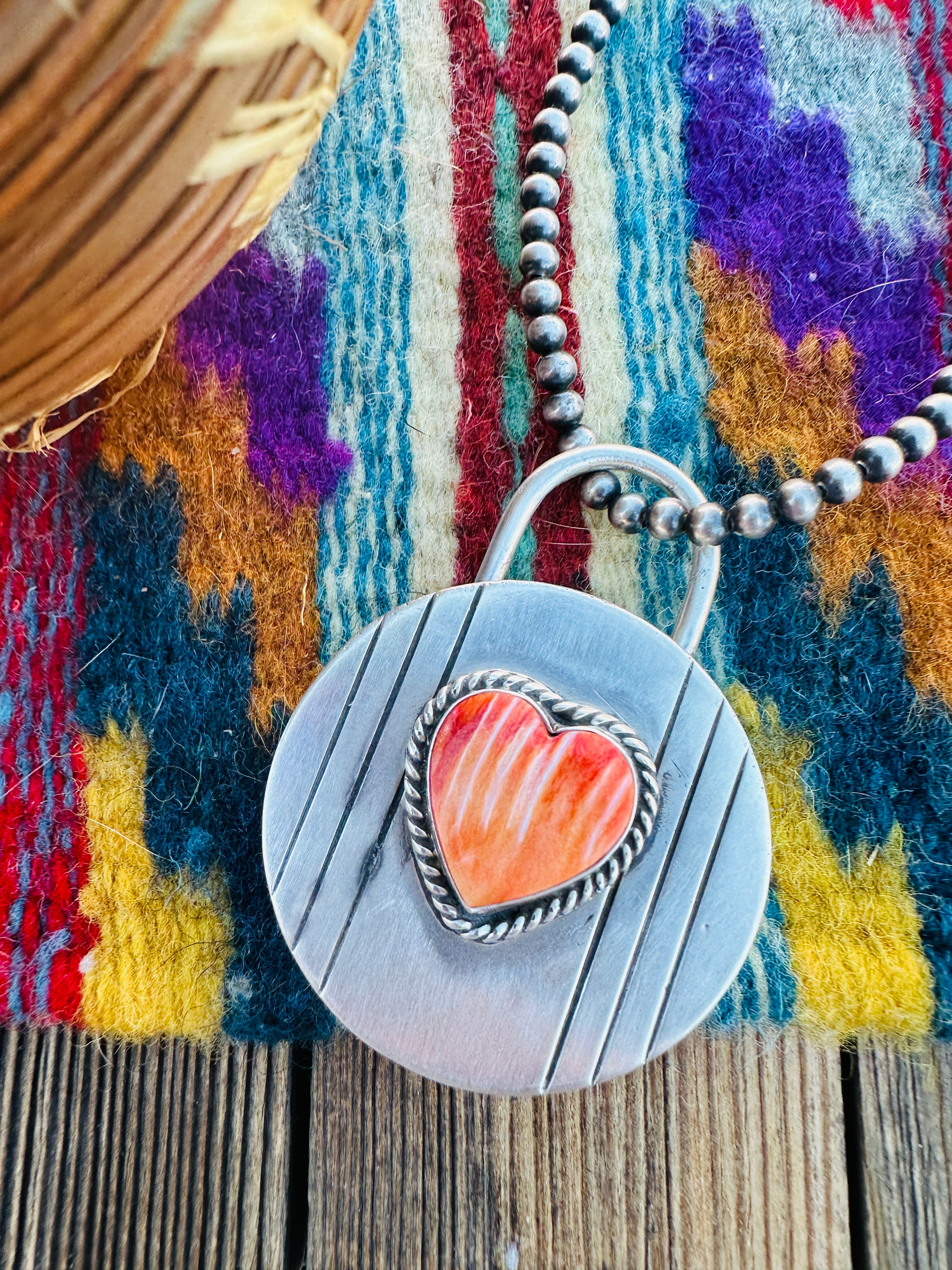 Handcrafted Spiny Oyster & Sterling Silver Heart Locket Style Pendant by Charles Johnson