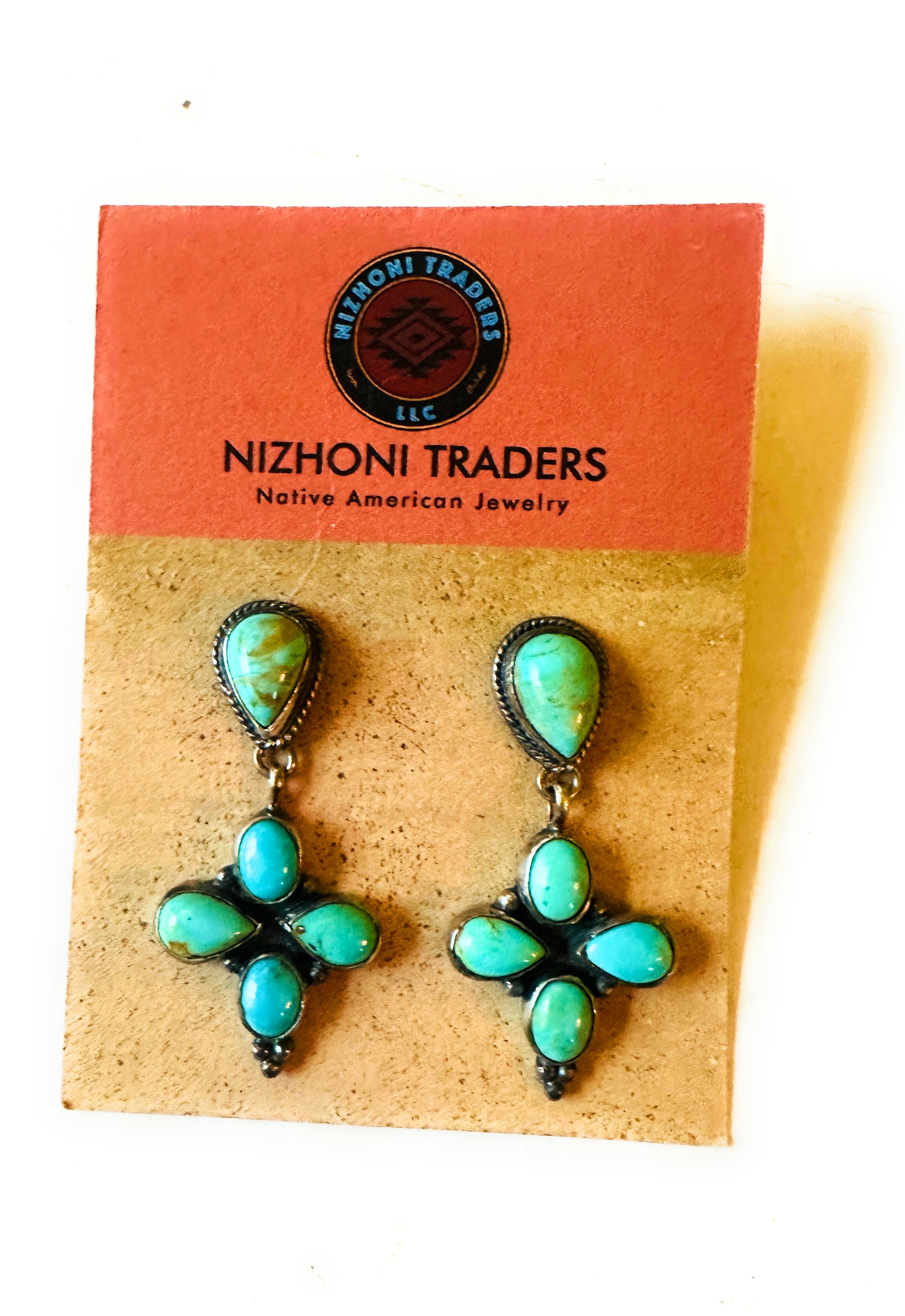 Navajo Turquoise & Sterling Silver Cluster Dangle Earrings