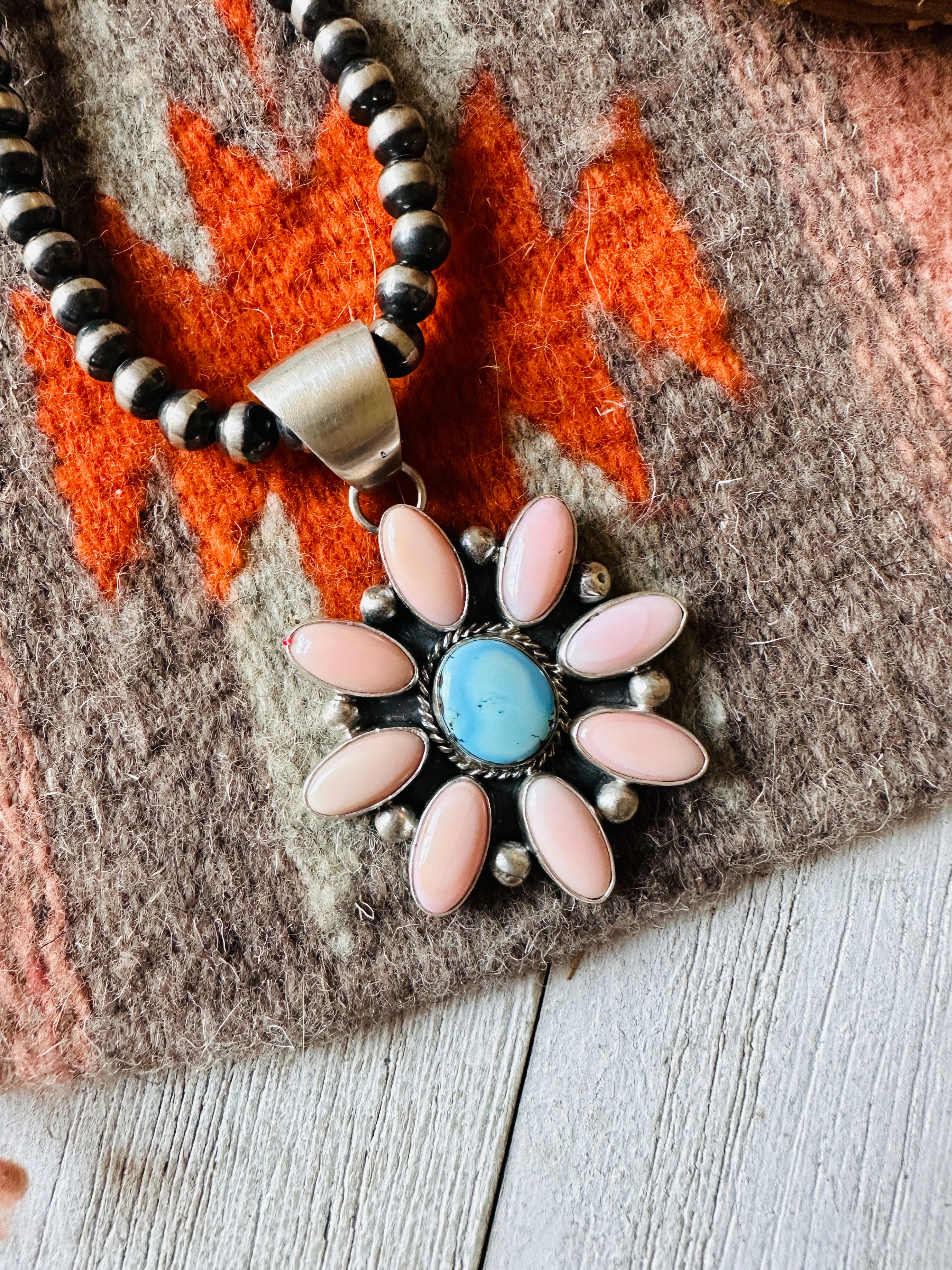 Navajo Queen Pink Conch, Turquoise & Sterling Silver Cluster Pendant