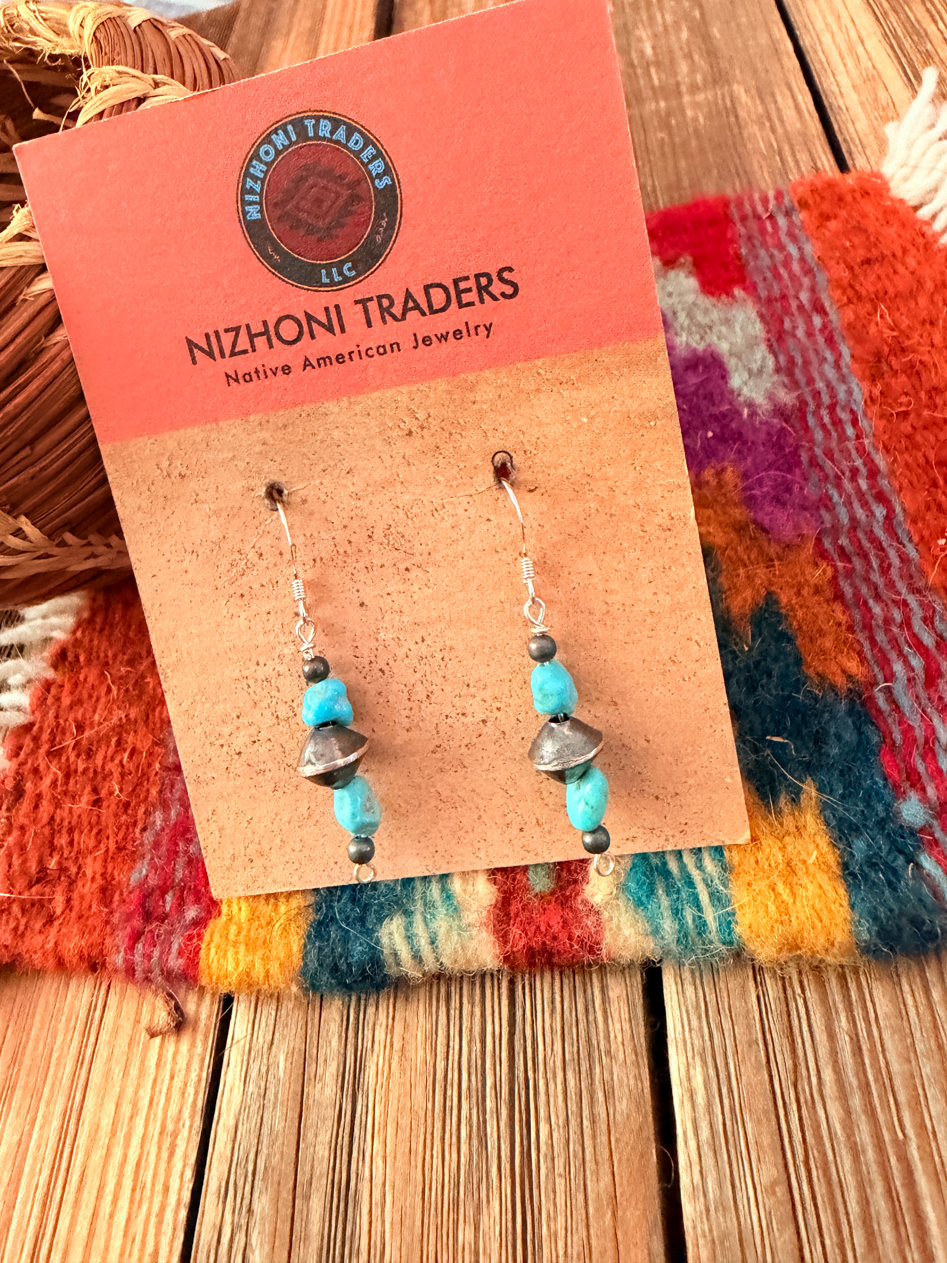 Handcrafted Turquoise & Sterling Silver Pearl Beaded Dangle Earrings