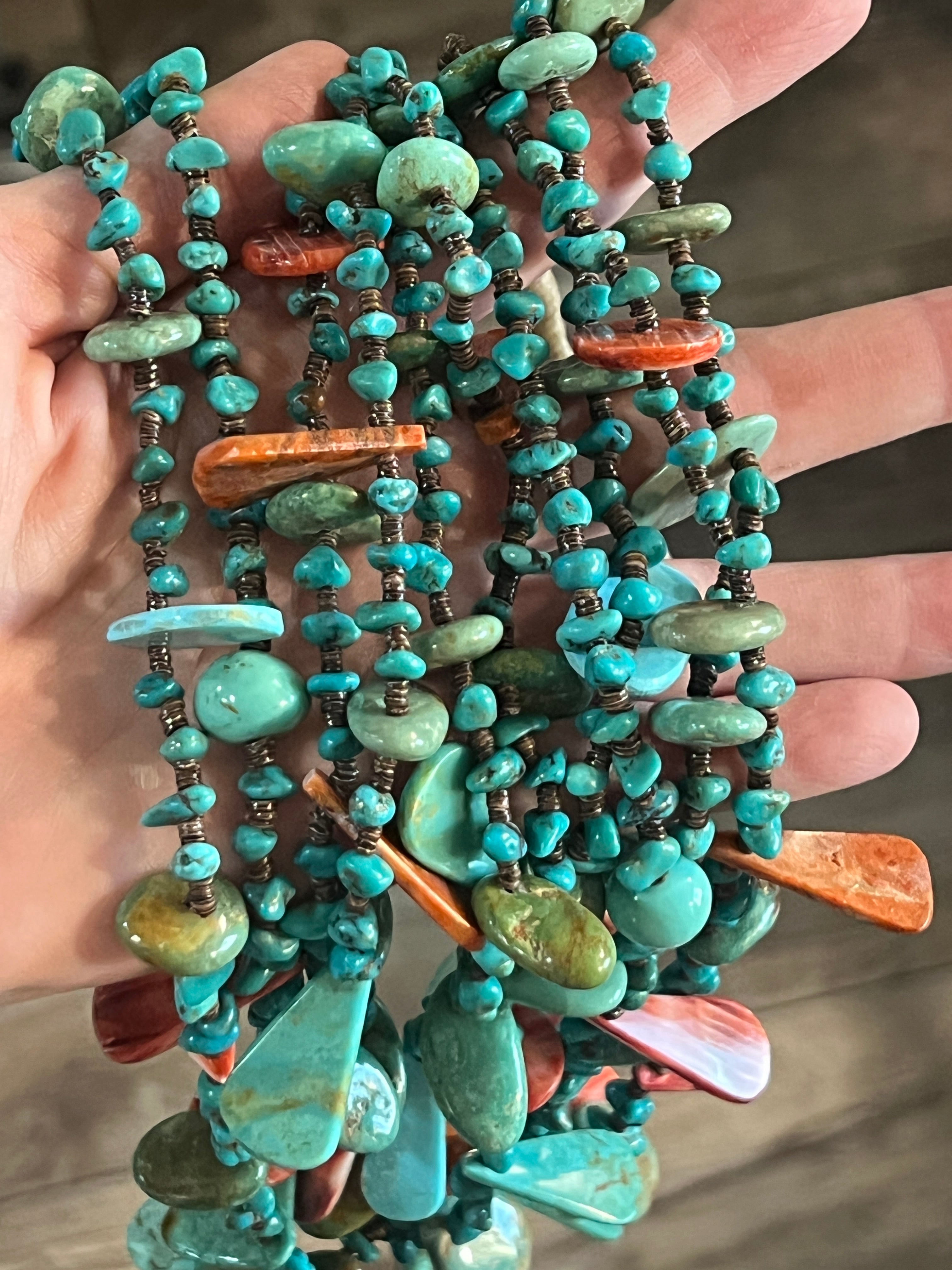 Gorgeous Handcrafted Five Strand Turquoise and Spiny Oyster Beaded Squaw Wrap Necklace with Tabs by Daniel Coriz