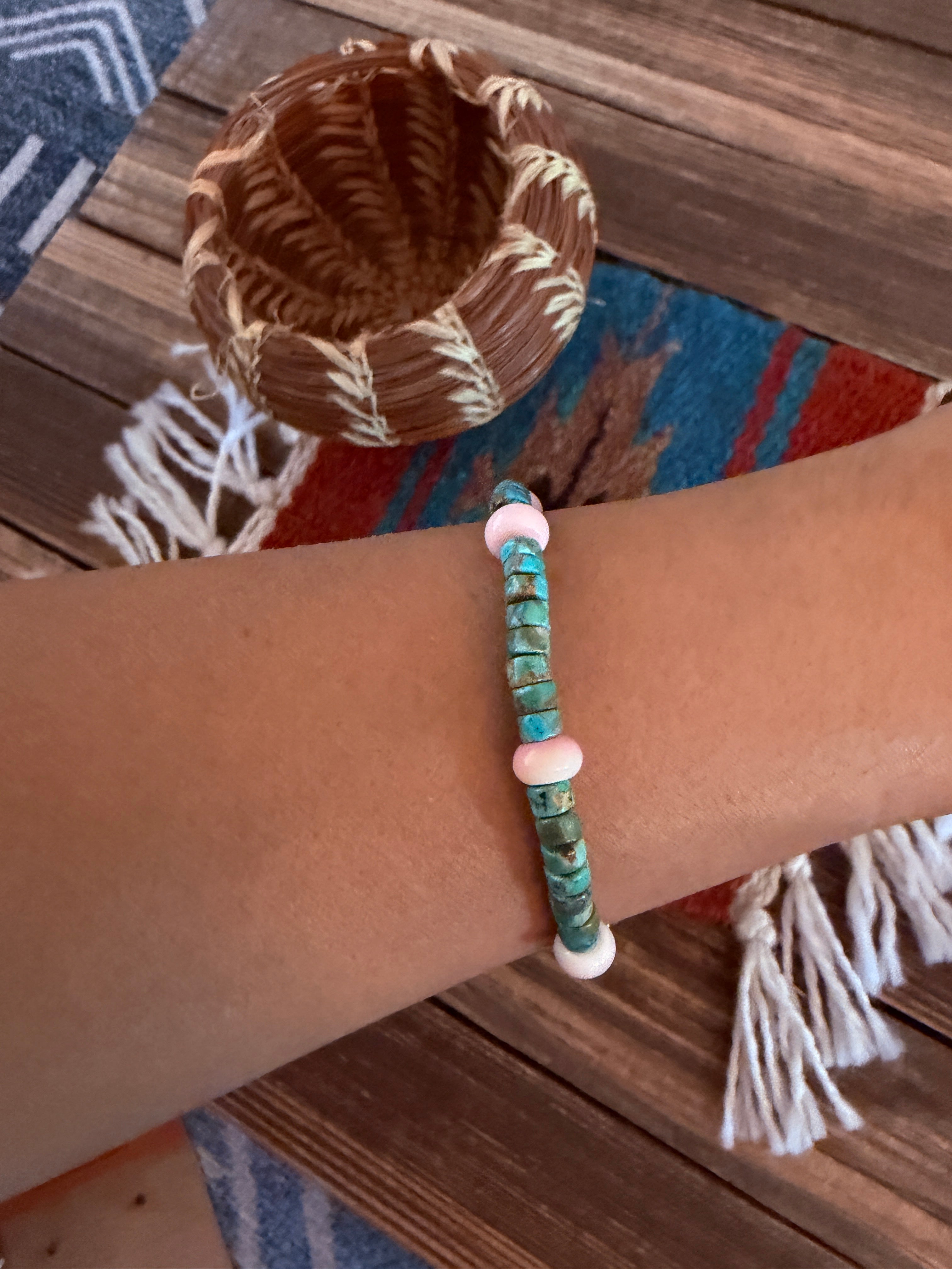 Handcrafted Turquoise & Queen Pink Conch Beaded Stretch Bracelet