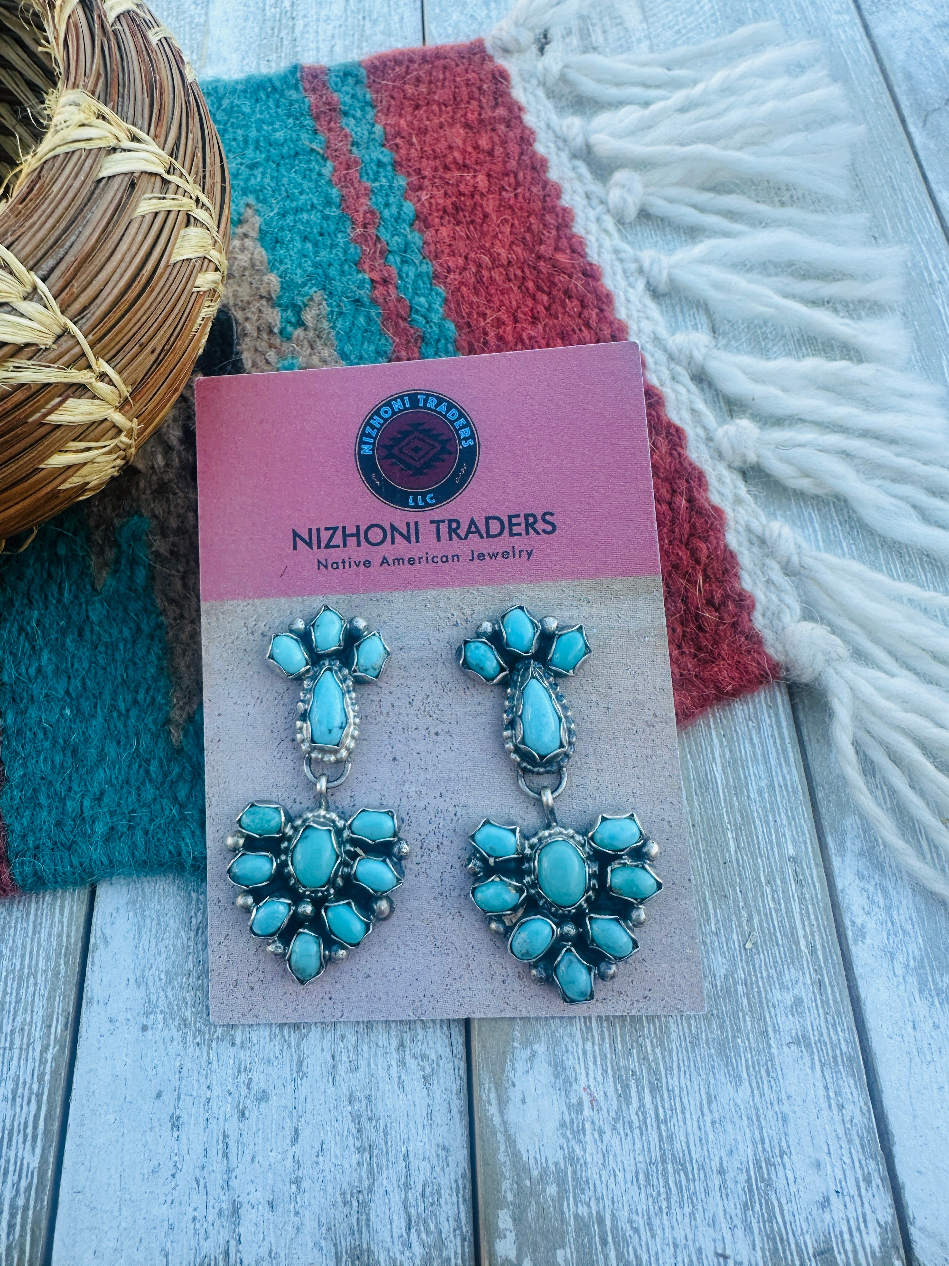 Handcrafted Turquoise And Sterling Silver Cluster Dangle Earrings by Sheila Becenti