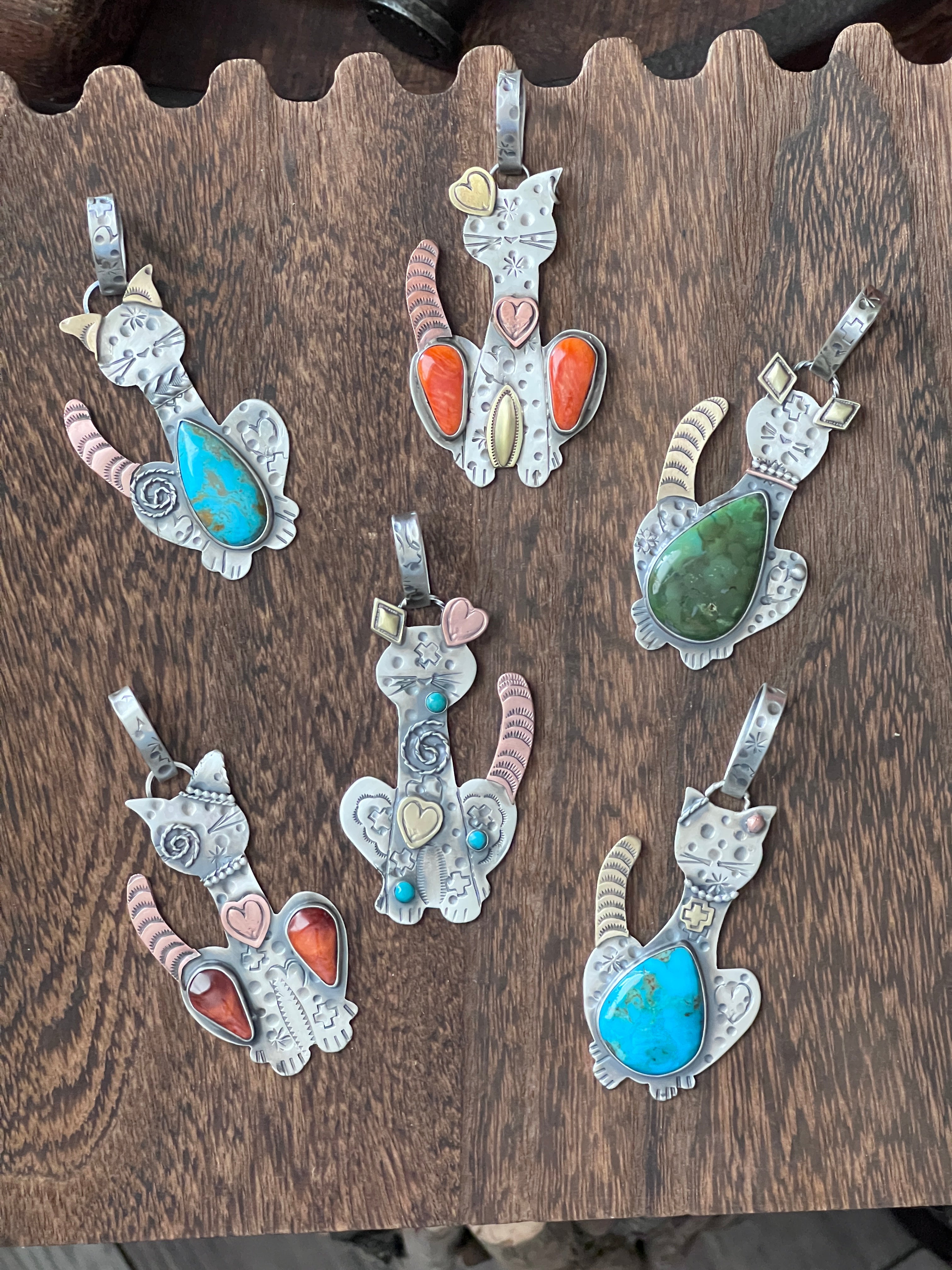 The Kimi-Cats: Hand Stamped and Layered Sterling Silver, Brass, Copper, Turquoise & Spiny Oyster Cat Pendants by Kimari Somers