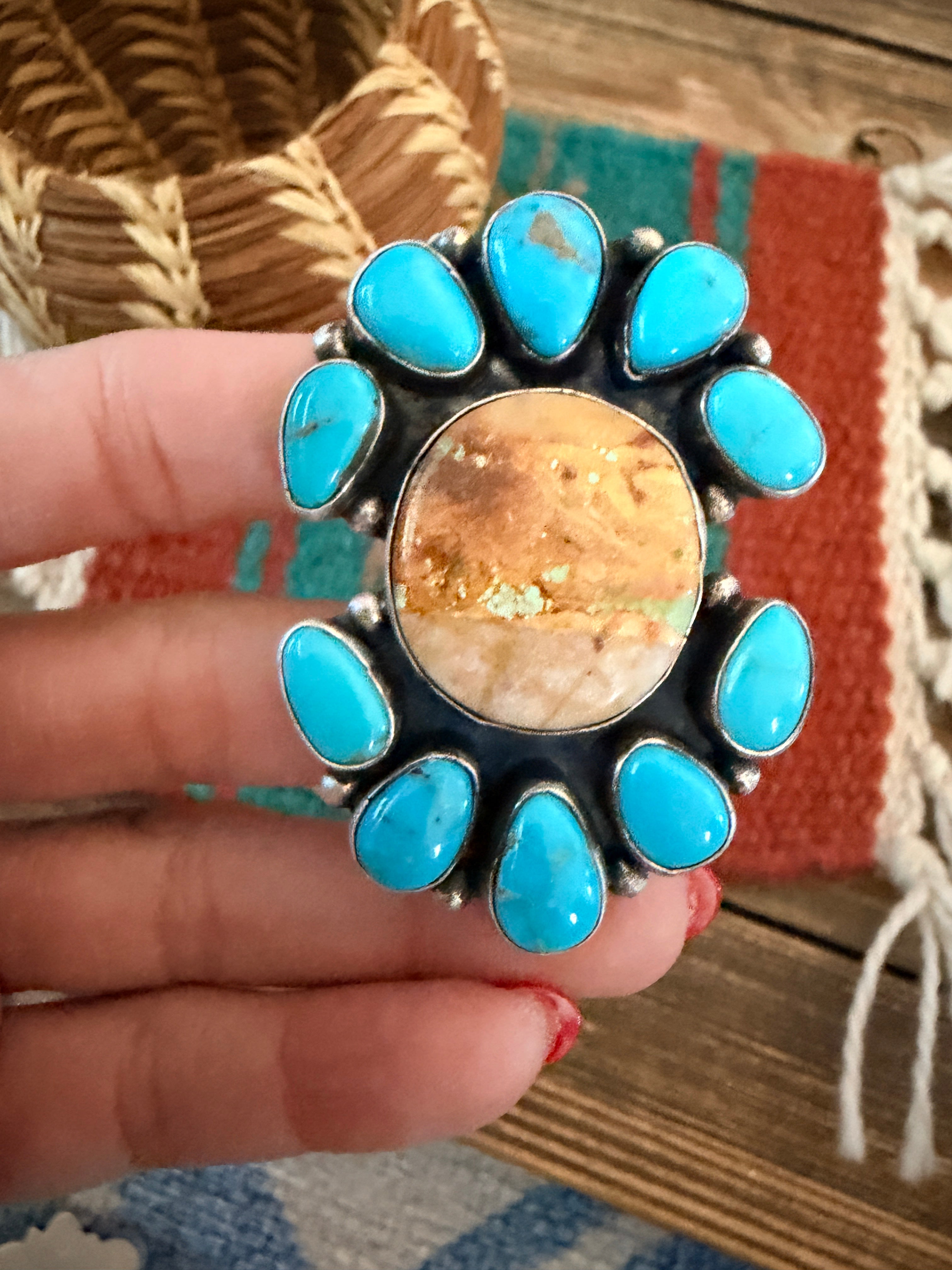 Handcrafted Multi Turquoise & Sterling Silver Ring Size 4.25 by Ella Peter